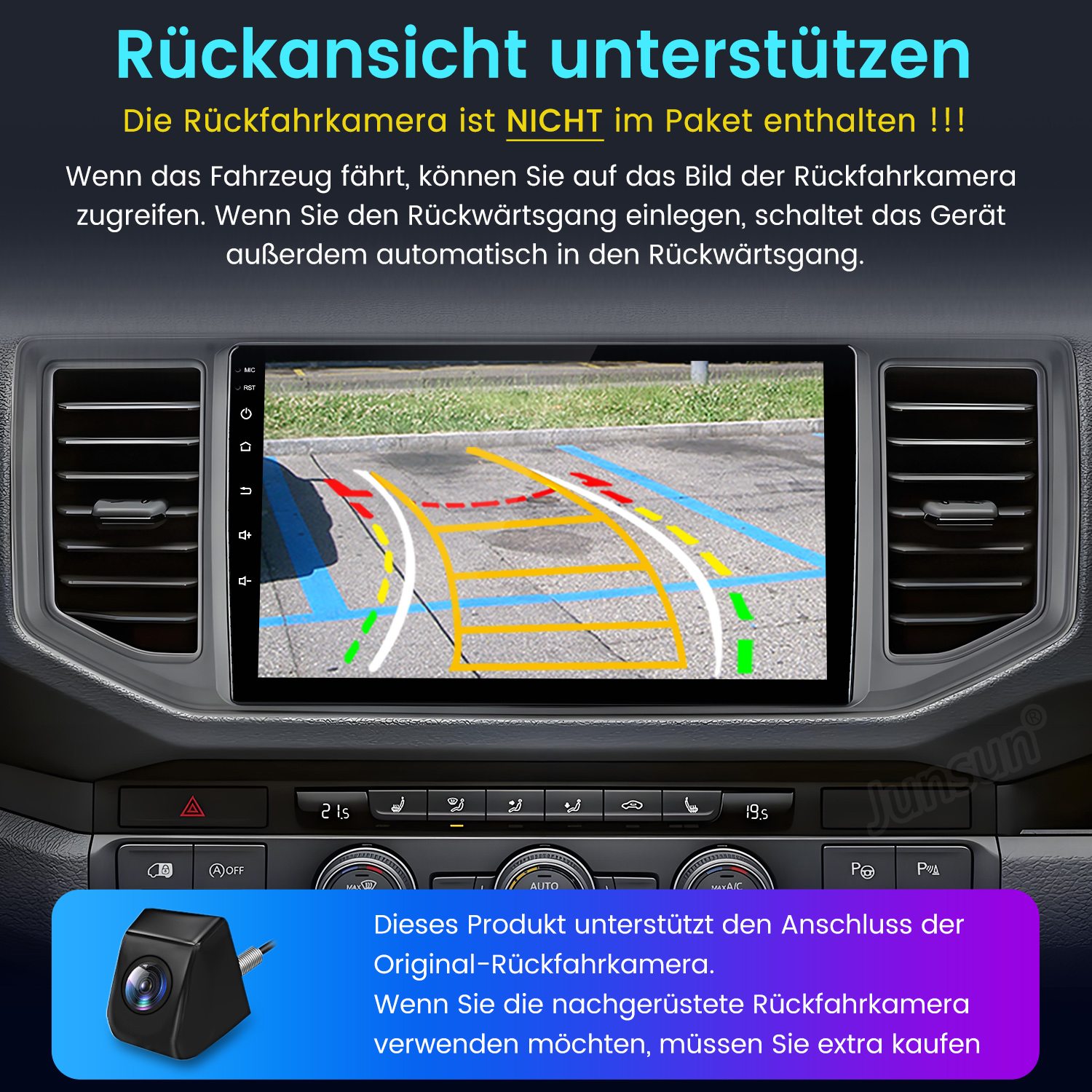 Auto-Dashboard-Bildschirm mit Parkbild. Text auf Deutsch erklärt die Rückfahrkamera und ihre Funktionen.