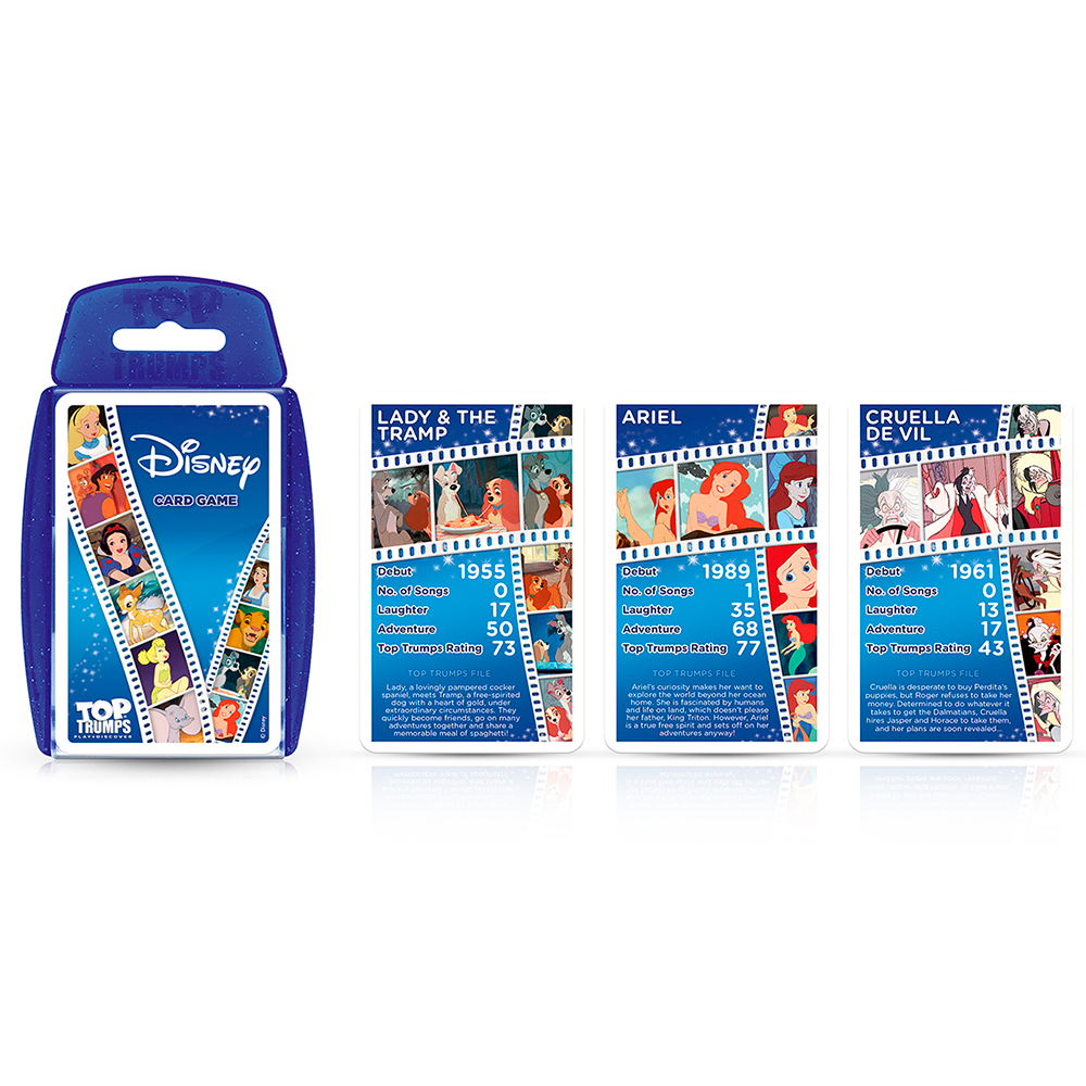 Eine Disney Top Trumps Kartenspielbox mit drei Karten von Disney-Charakteren. Die Karten zeigen die Charaktere.