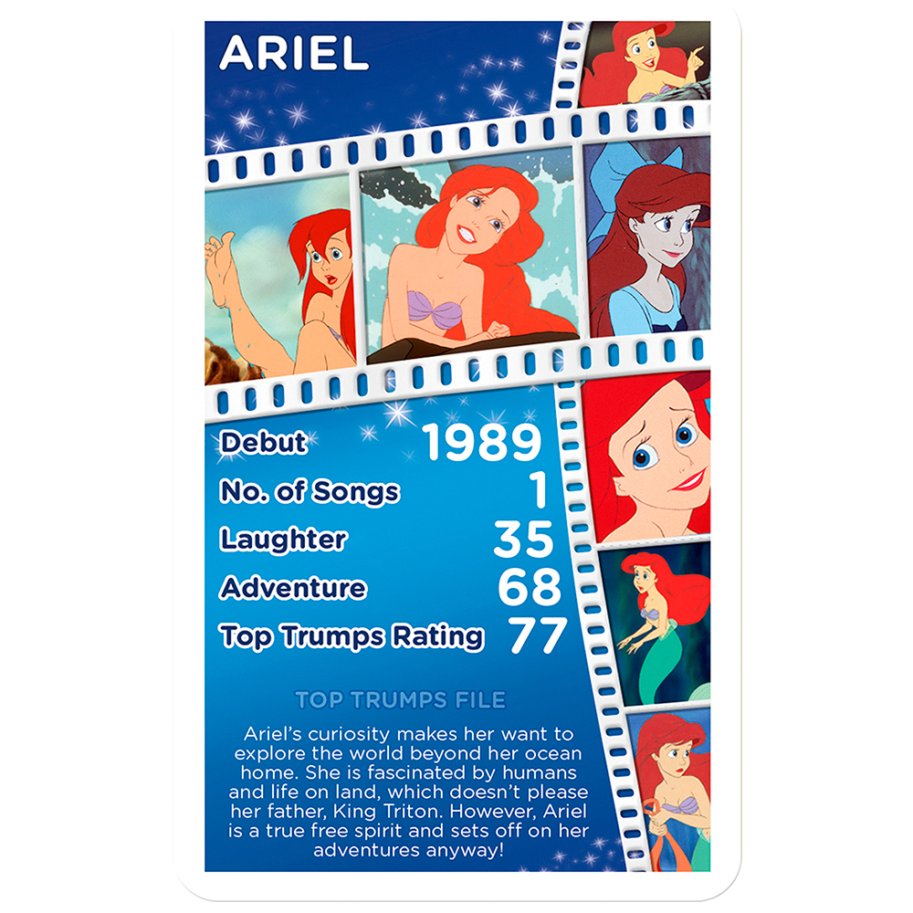 Ariel-Karte aus dem Top Trumps-Spiel. Sie enthält Fotos von Ariel und Details über ihren Charakter.