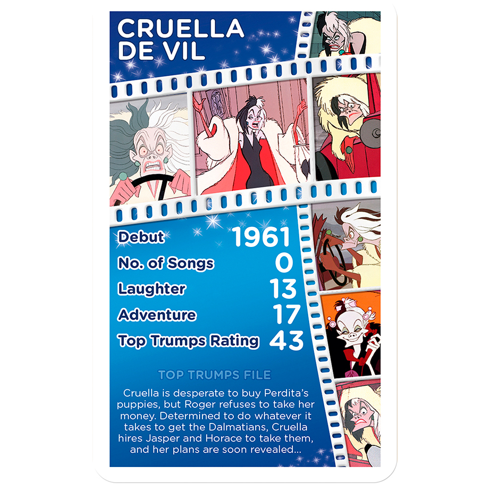 Cruella de Vil Top Trumps Karte mit Bildern, Text und Bewertung von 43.