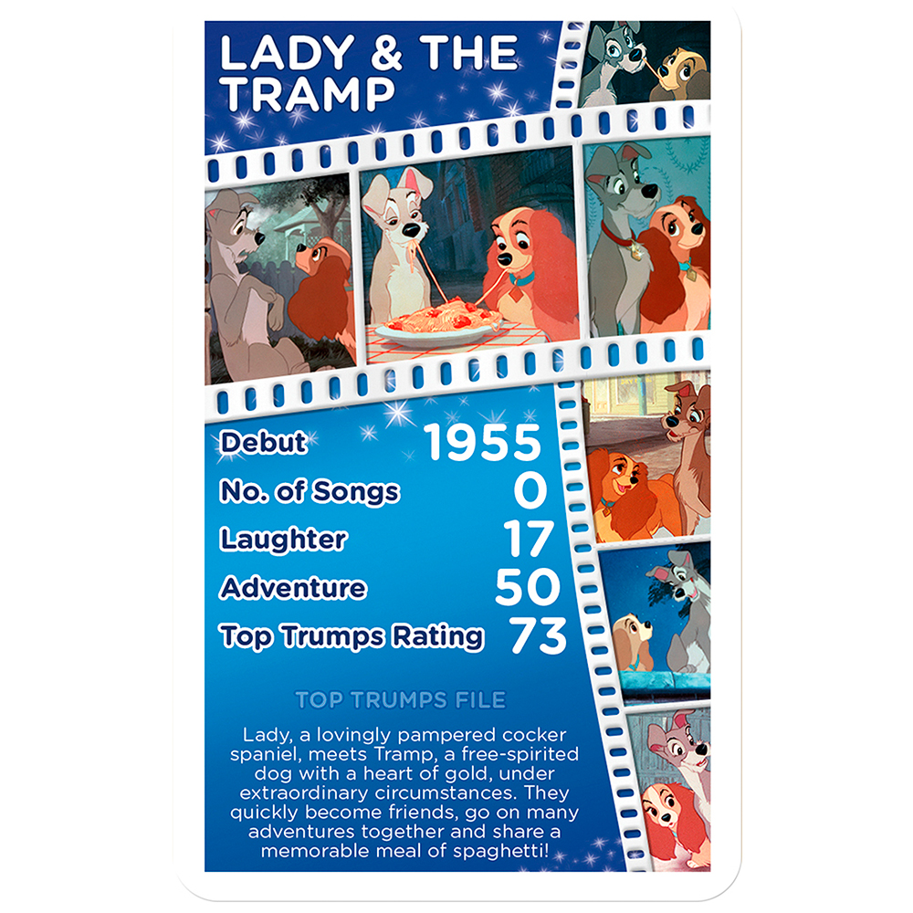 Lady und der Tramp Top Trumps Karte. Es zeigt Bilder der Charaktere und Statistiken wie Lachen und Abenteuer.