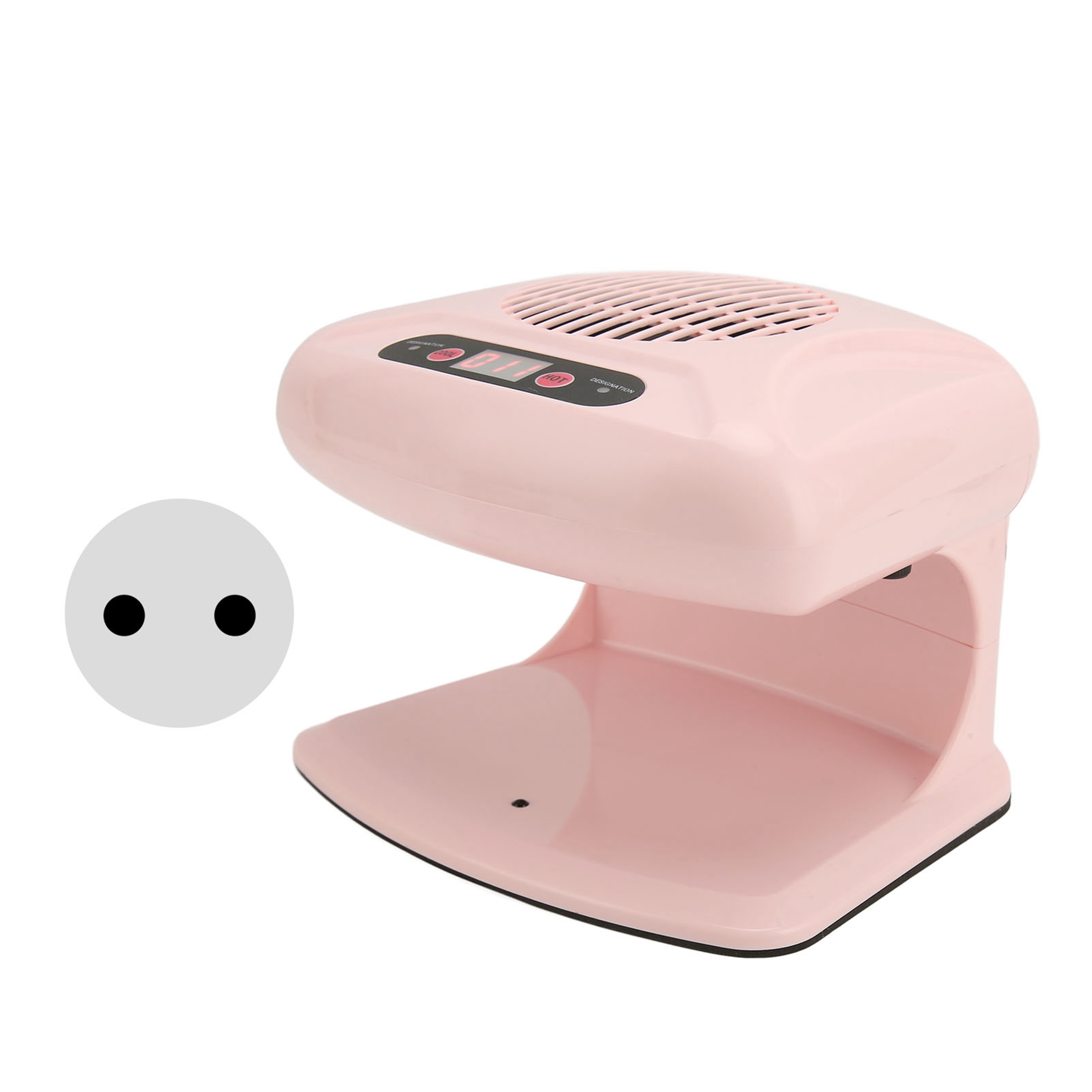 Pinke Nagellampe mit Ventilator und Netzstecker. Die Lampe hat ein digitales Display und einen Aushärtebereich.