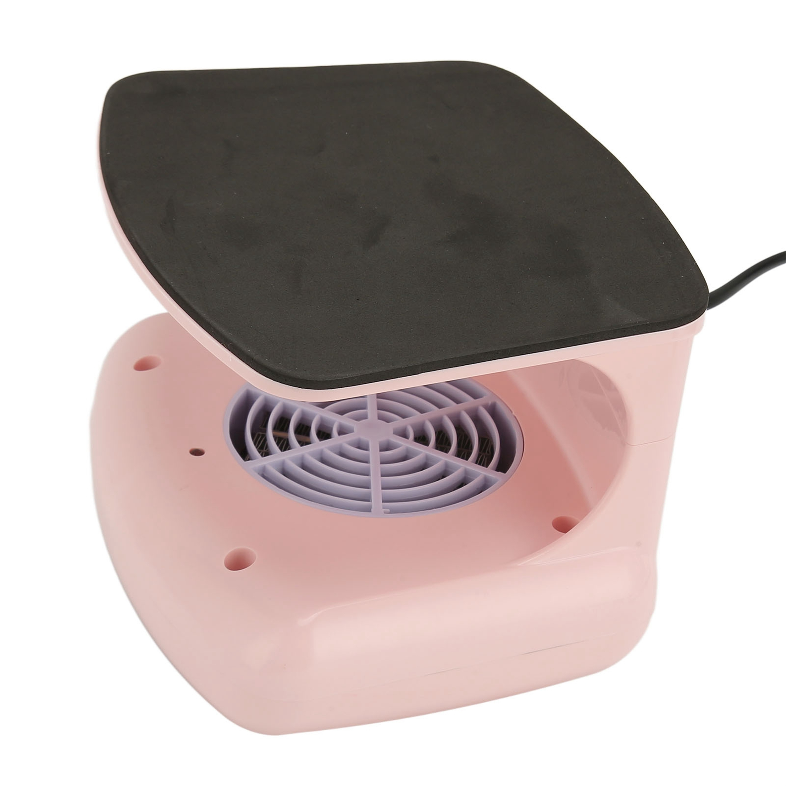 Rosa Nageltrockner mit offenem Deckel, der einen Ventilator freigibt. Das Gerät steht auf weißem Hintergrund.