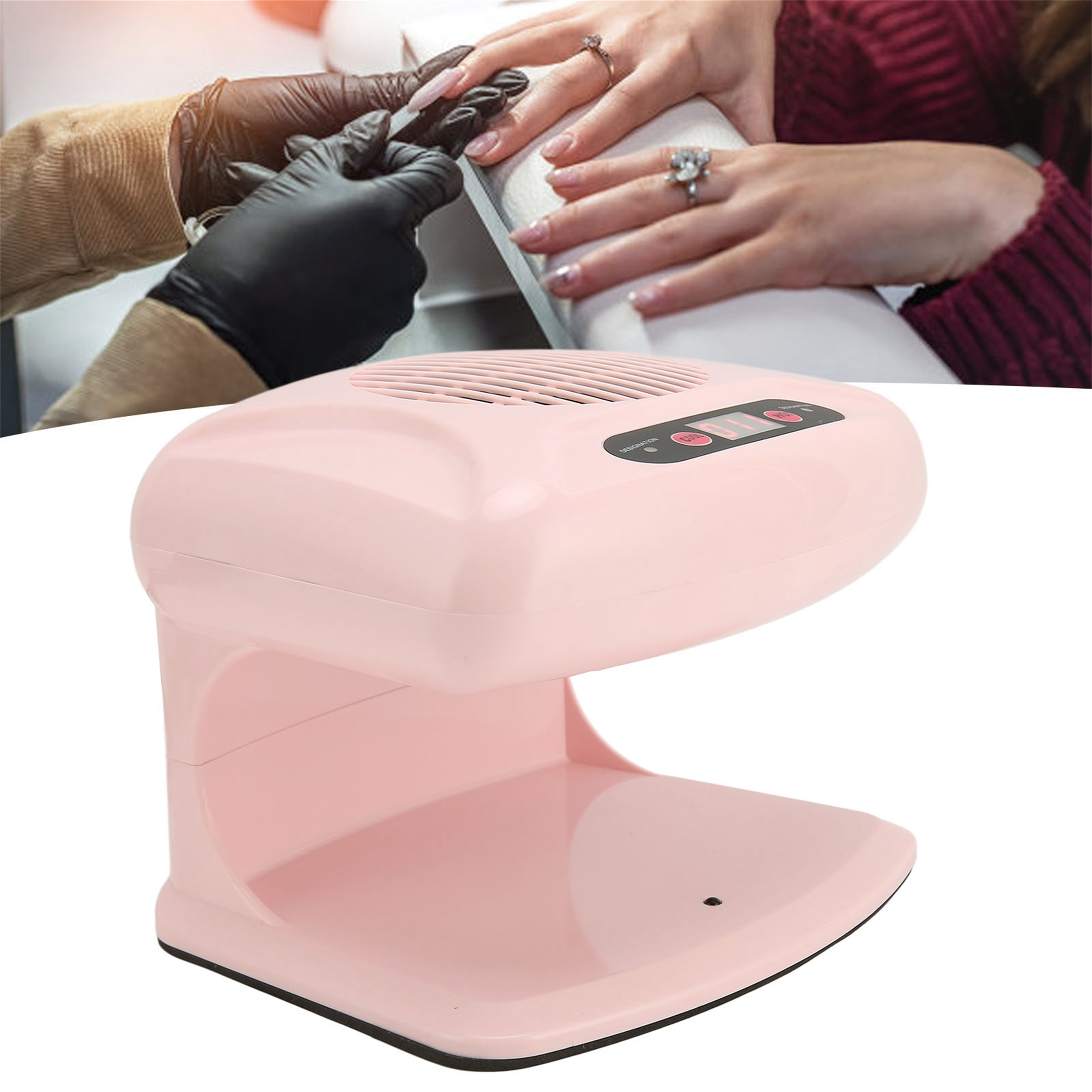 Nageltechnikerin feilt die Nägel einer Kundin. Ein rosa Nageltrockner im Vordergrund.