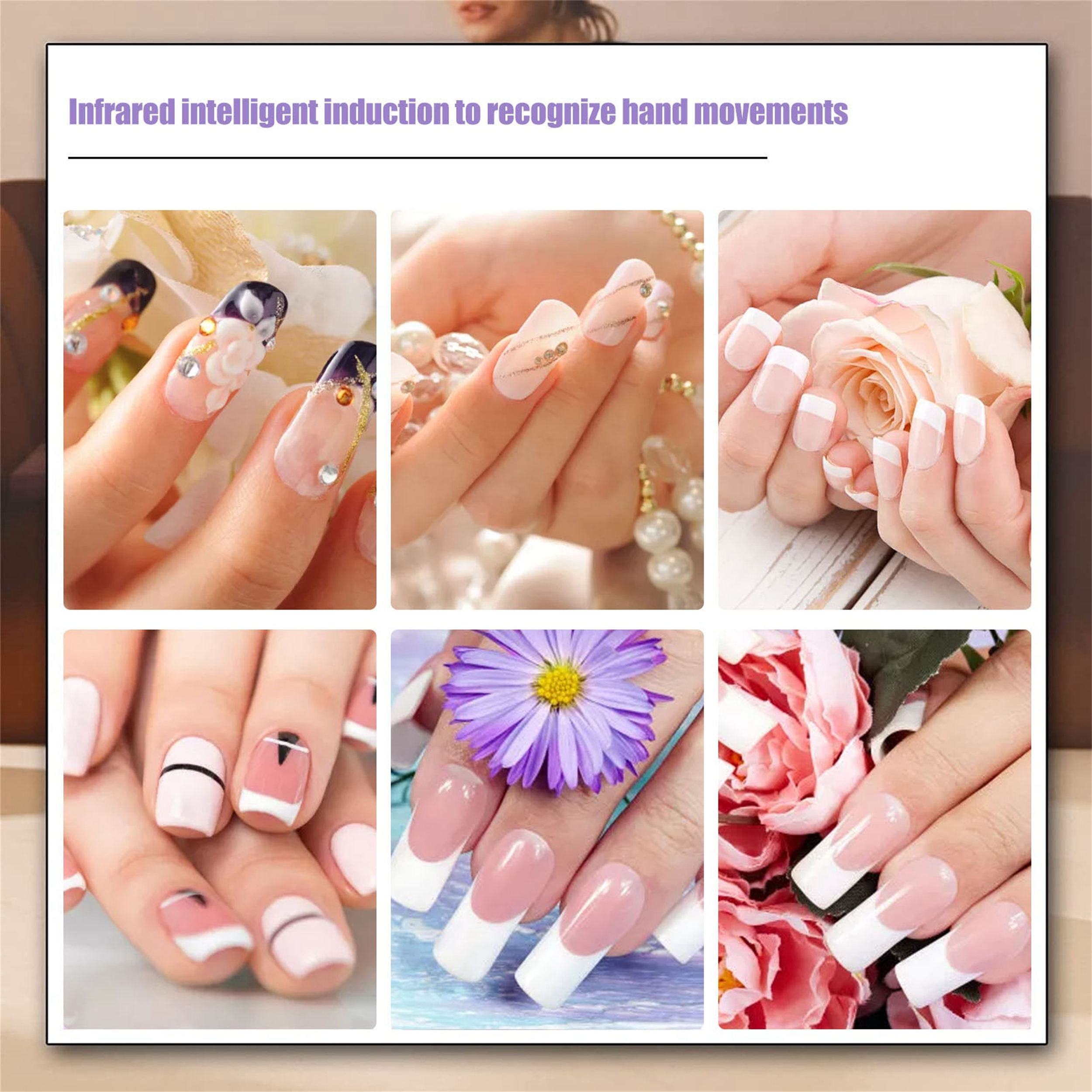Hände mit verschiedenen Nagelkunst-Designs. Eine Vielzahl von Farben, Formen und Dekorationen.