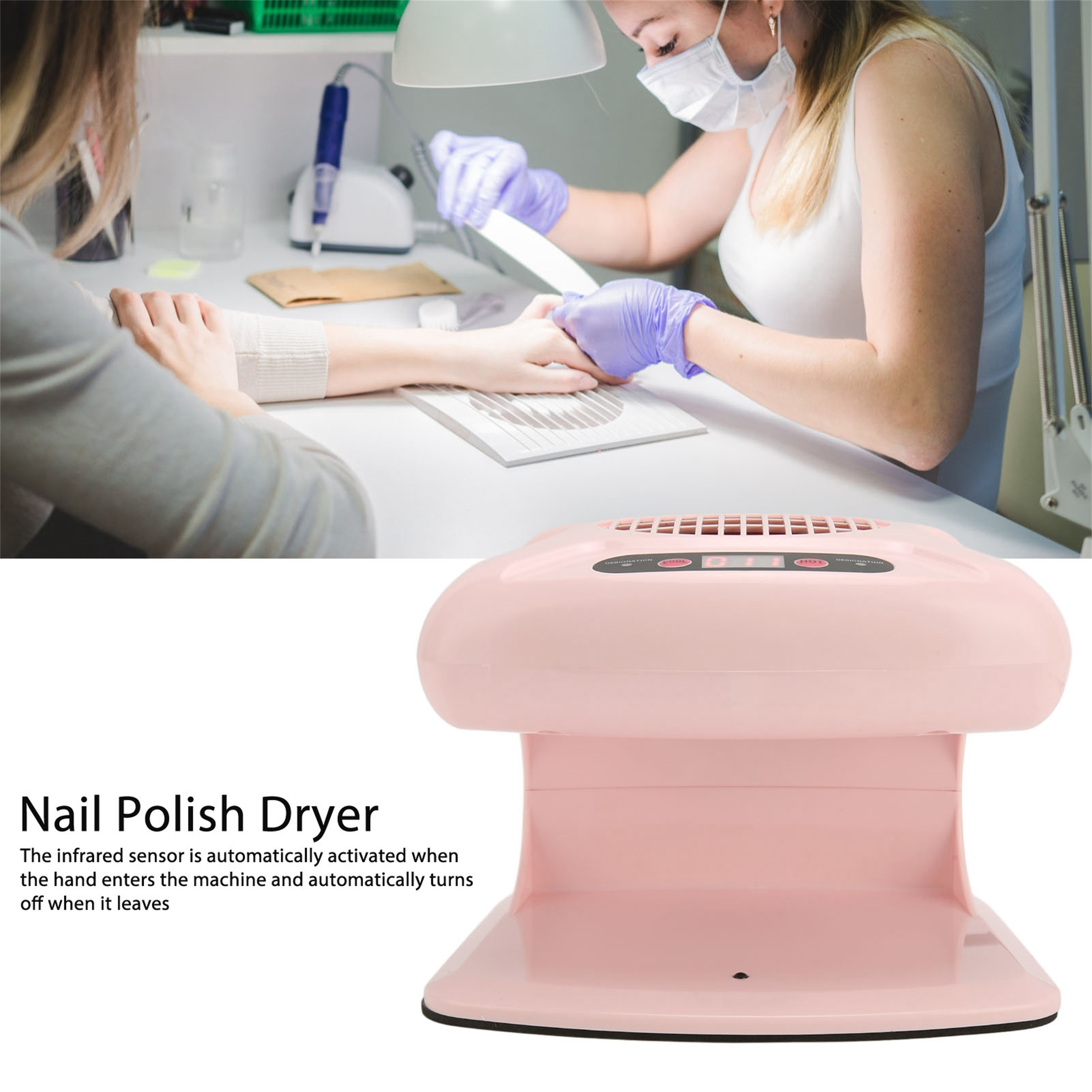 Eine Nageltechnikerin arbeitet an den Nägeln einer Kundin. Ein rosafarbener Nagellacktrockner im Vordergrund.