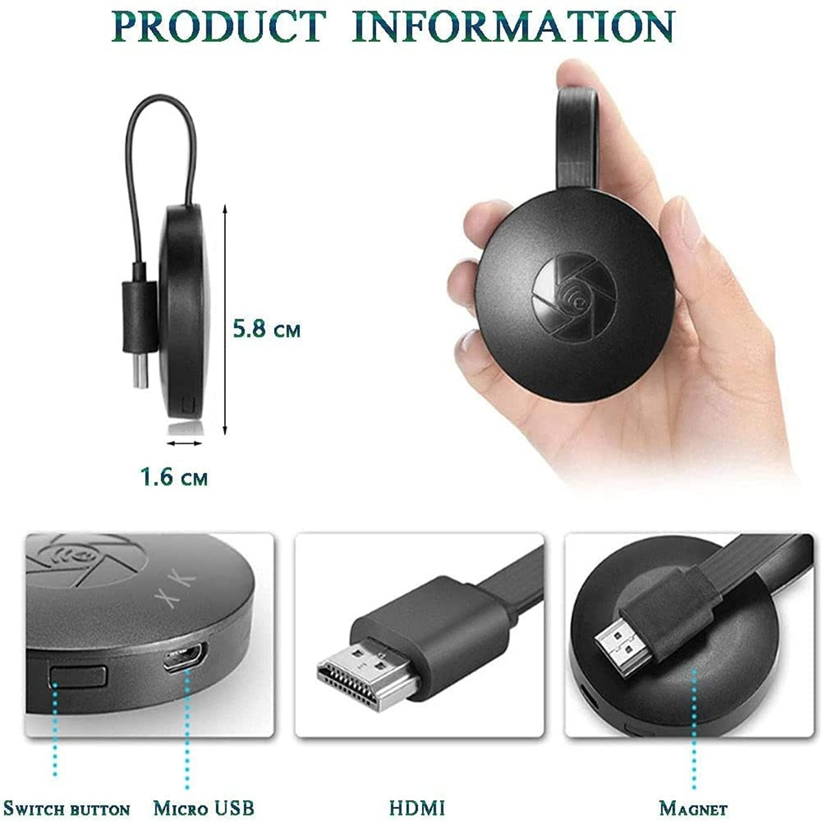 Bilder zeigen einen schwarzen Wi-Fi-Display-Empfänger mit Abmessungen und Anschlüssen wie HDMI und Micro-USB.