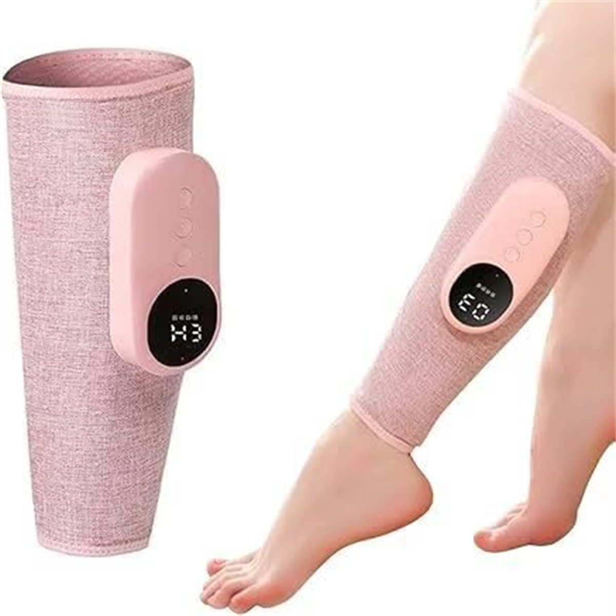 Rosa Beinmassagegerät mit Controller, Bein mit Gerät. Das Gerät befindet sich am Bein.