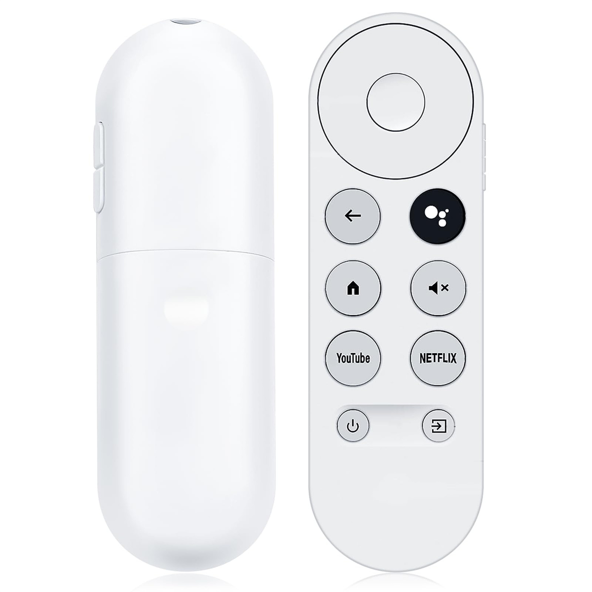 Weiße Fernbedienung, zwei Seiten sichtbar. Eine Seite mit Tasten für YouTube und Netflix.