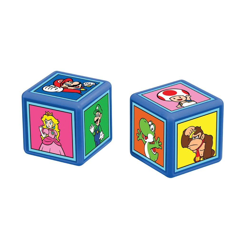 Zwei blaue Würfel mit Super Mario-Charakteren auf jeder Seite, für ein Matching-Spiel.