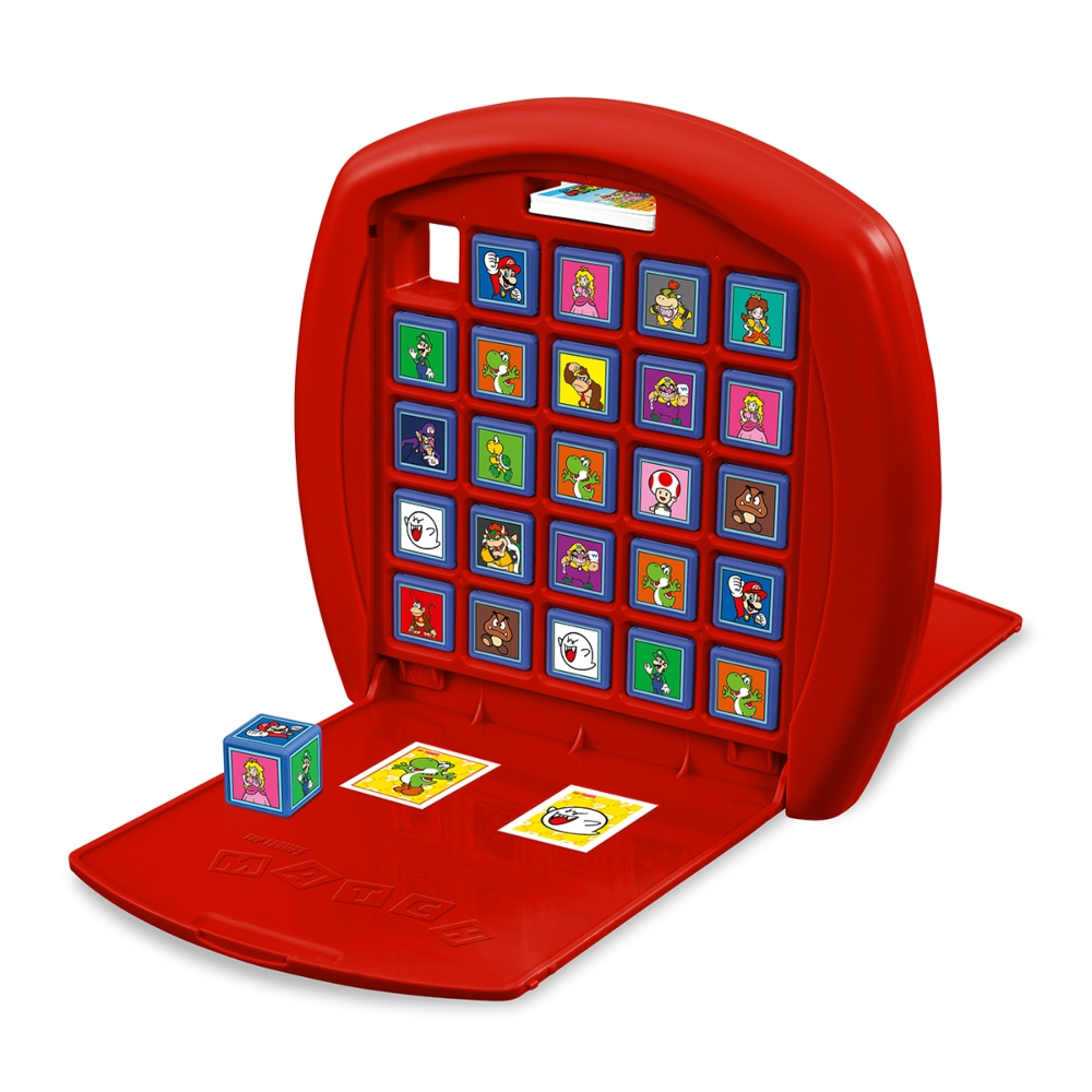 Rotes Memory-Spiel mit Mario-Motiven und Charakterbildern. Enthält Karten und Würfel. Charaktere sind auf der Oberfläche des Spiels abgebildet.
