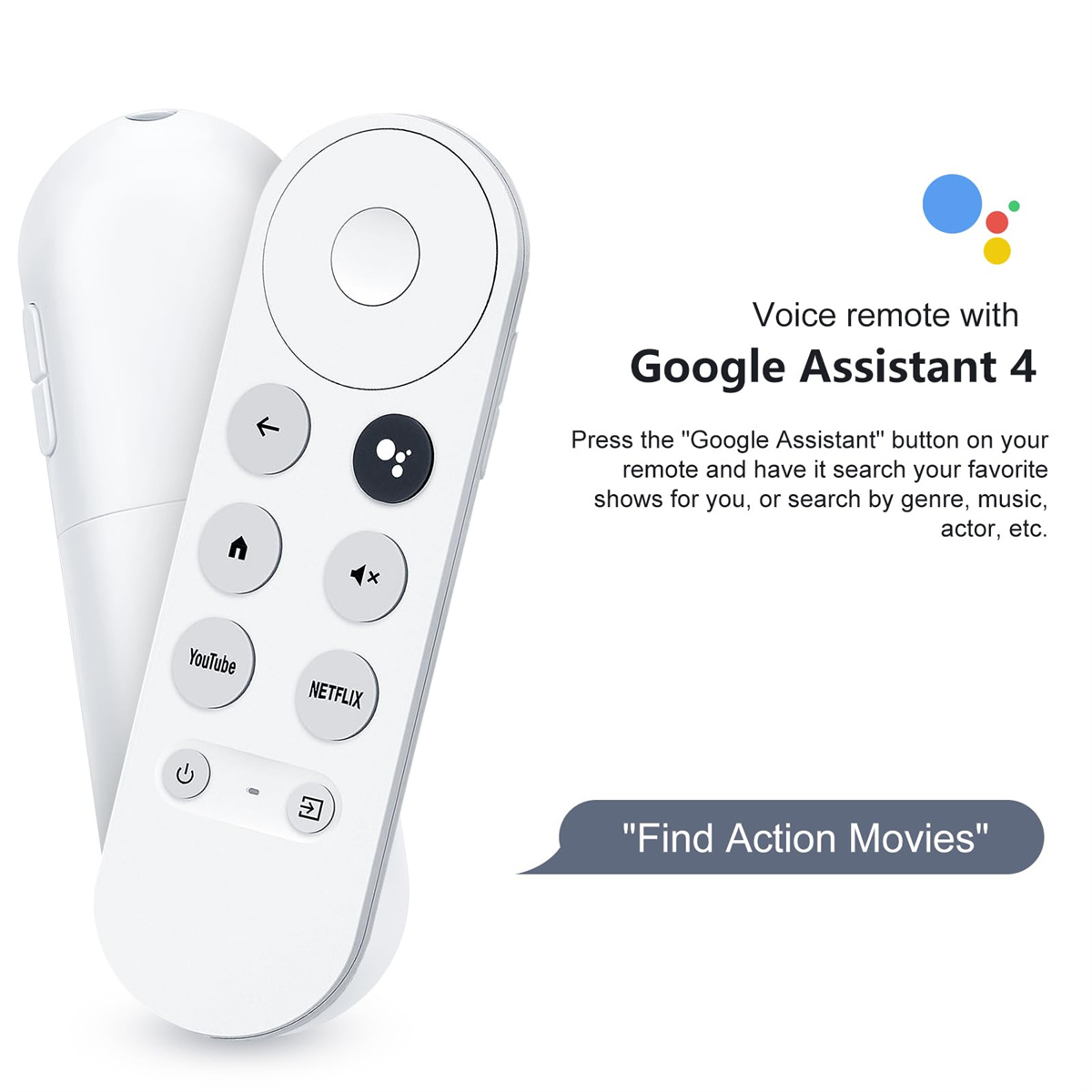 Eine weiße Fernbedienung mit Google Assistant-Taste. Text sagt 'Find Action Movies' in einer Sprechblase.