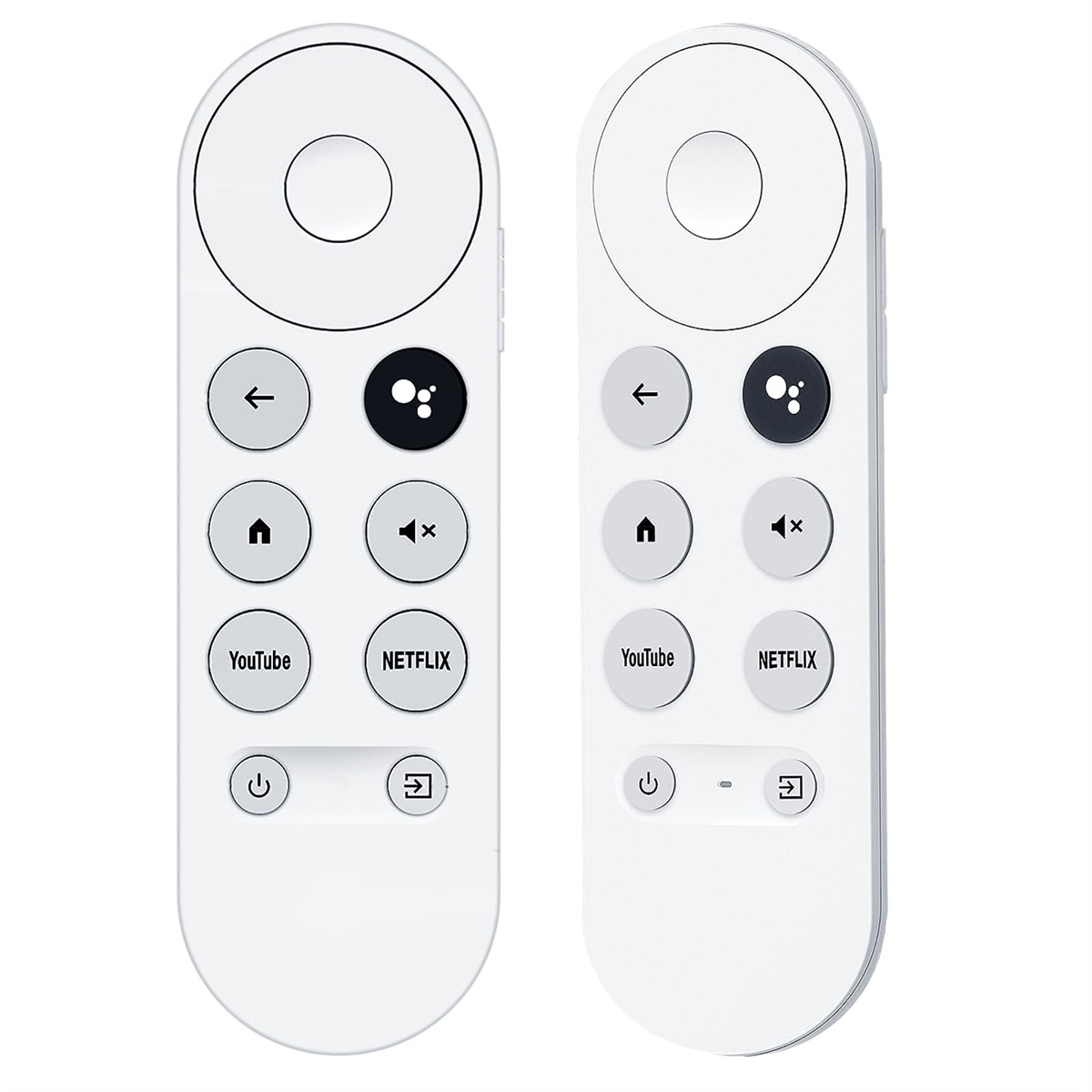 Zwei weiße TV-Fernbedienungen mit Tasten für Richtung, Apps und Strom.