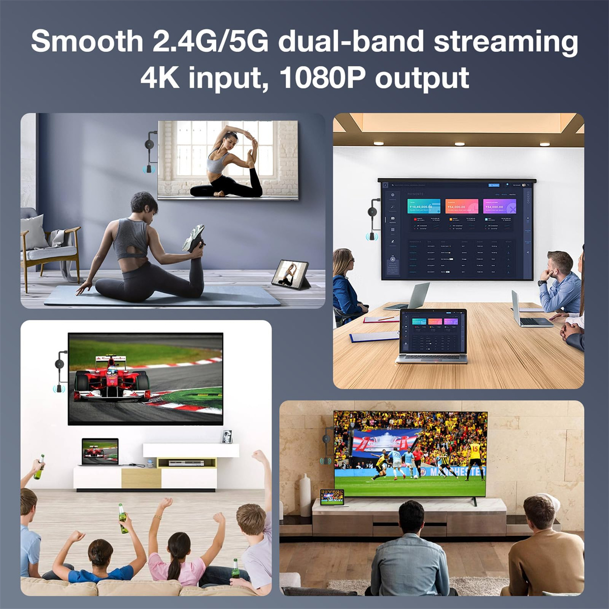 Bildschirme mit Yoga, Geschäftspräsentation, Rennwagen und Fußballspiel. Streaming-Gerät wird verwendet.