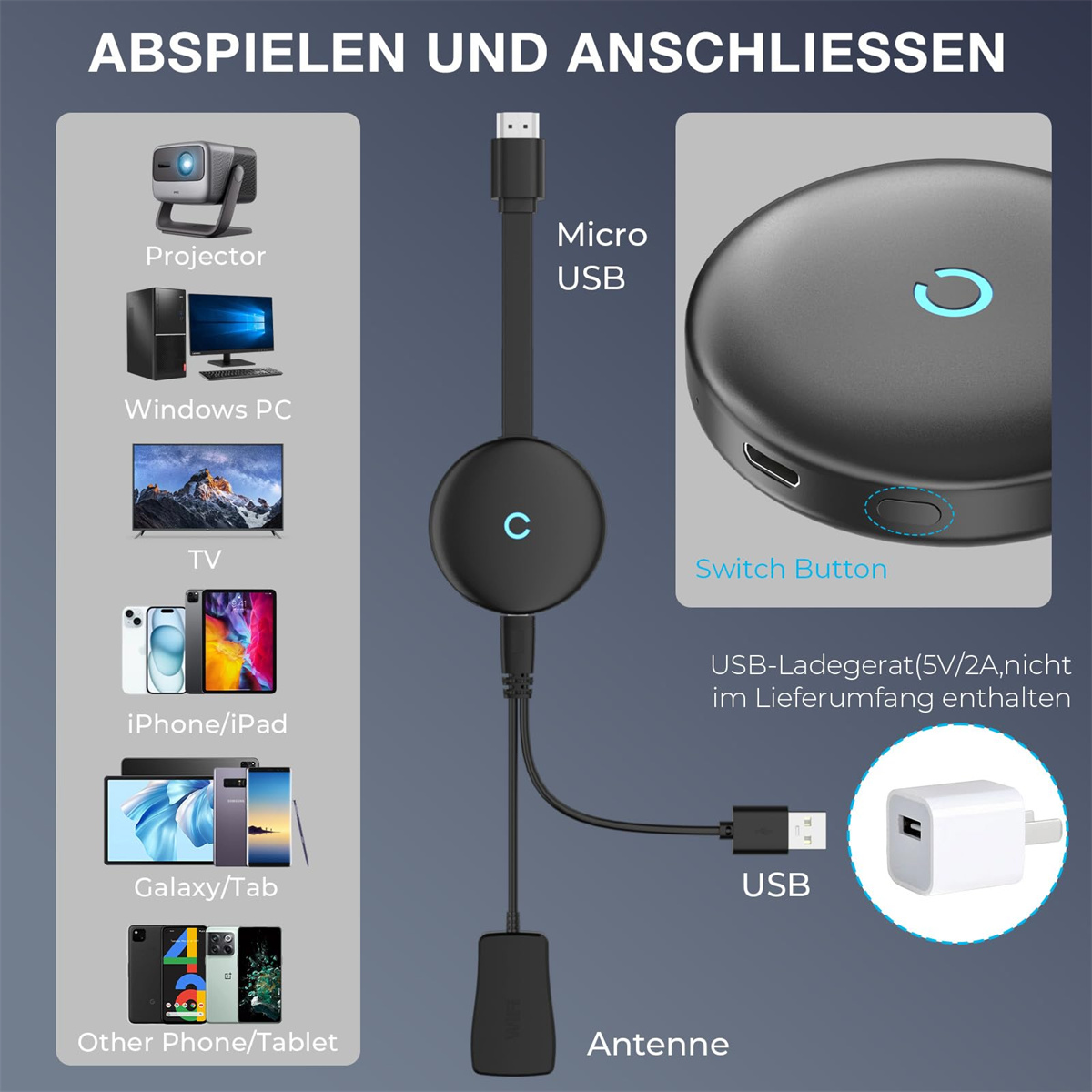 Diagramm, das ein Streaming-Gerät und seine Verbindungen zu einem Projektor, Computer, Fernseher und Mobilgeräten zeigt.
