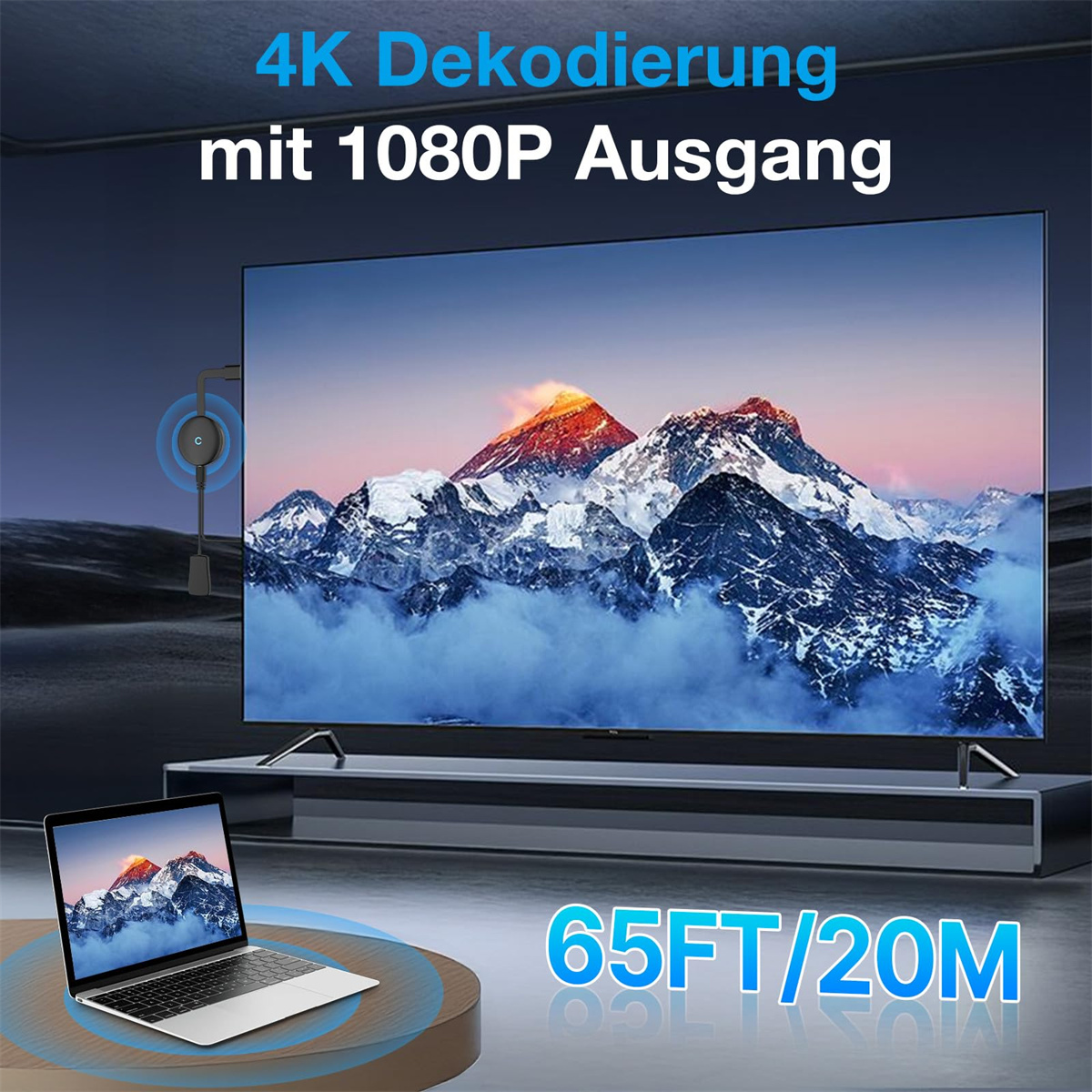 Ein Fernsehbildschirm, der eine verschneite Berglandschaft zeigt, mit Streaming-Gerät, das mit einem Laptop verbunden ist.