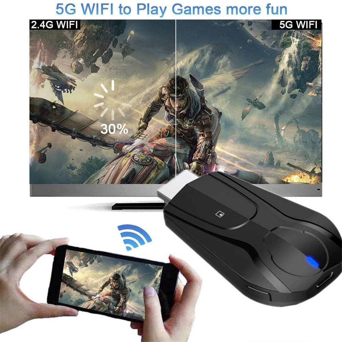 Eine Person, die ein Telefon hält, das ein Spiel auf einem Fernseher spiegelt, mit dem Streaming-Gerät in der Nähe.