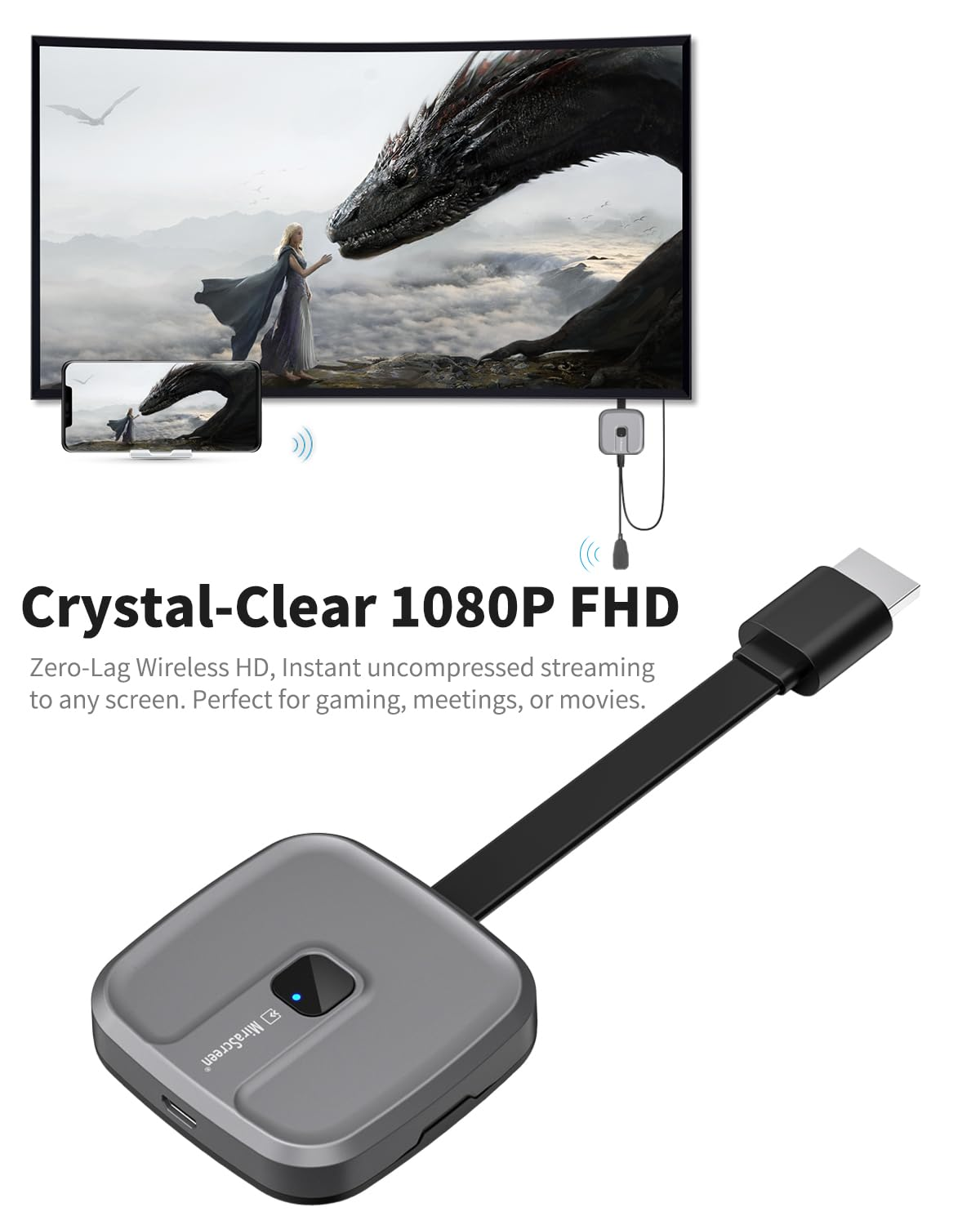Kabelloser HD-Adapter mit einem Fernseher, der eine Fantasieszene zeigt.