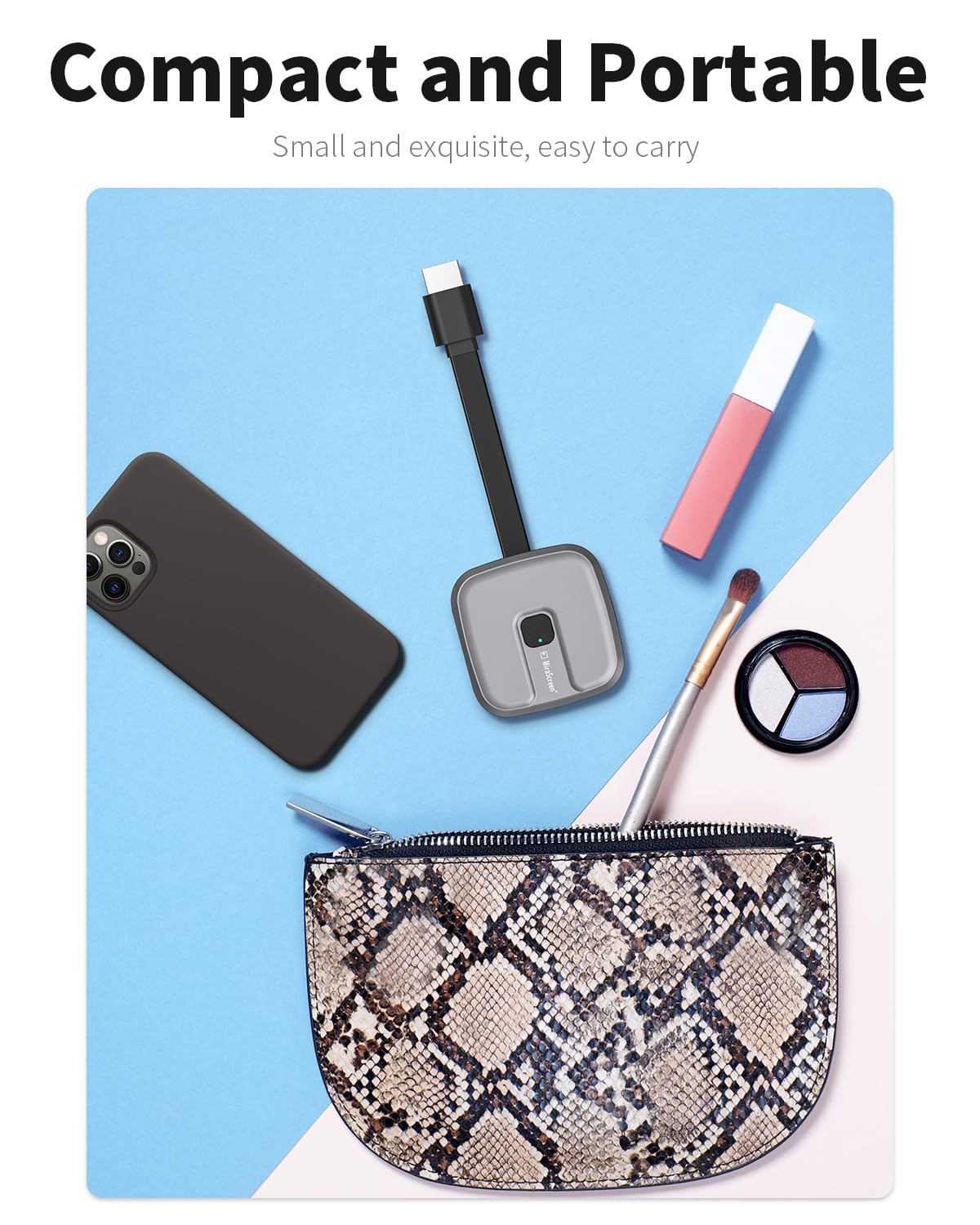 Eine Geldbörse, ein Telefon, ein Ladegerät, Lippenstift, Pinsel und Lidschatten auf blauem und rosa Hintergrund.