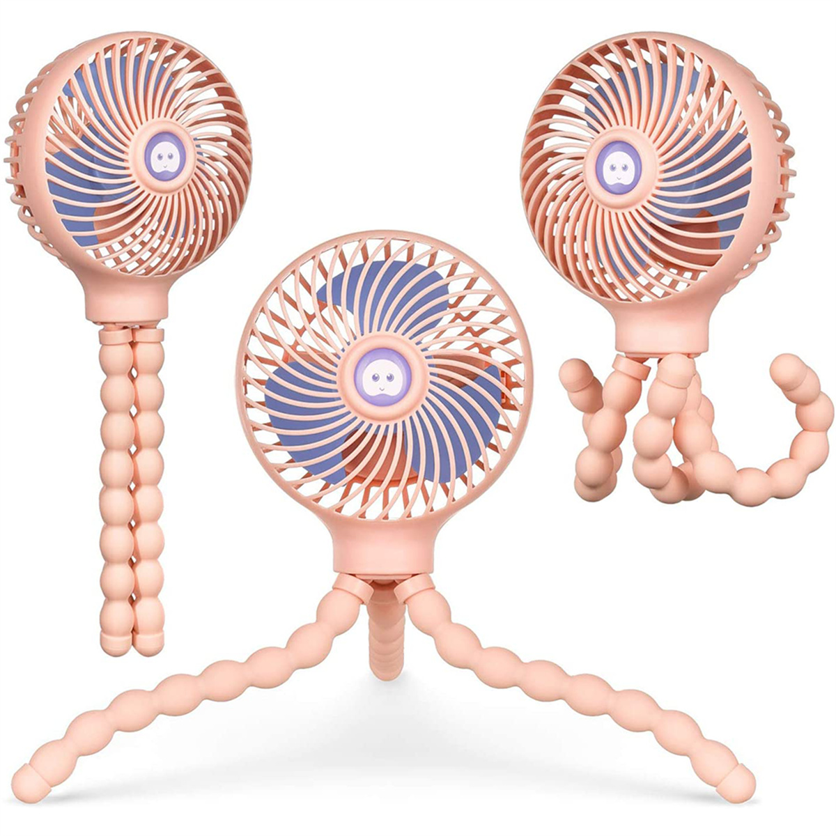Drei rosa Mini-Ventilatoren mit flexiblen Beinen in verschiedenen Positionen, die ihre Verwendung zeigen.