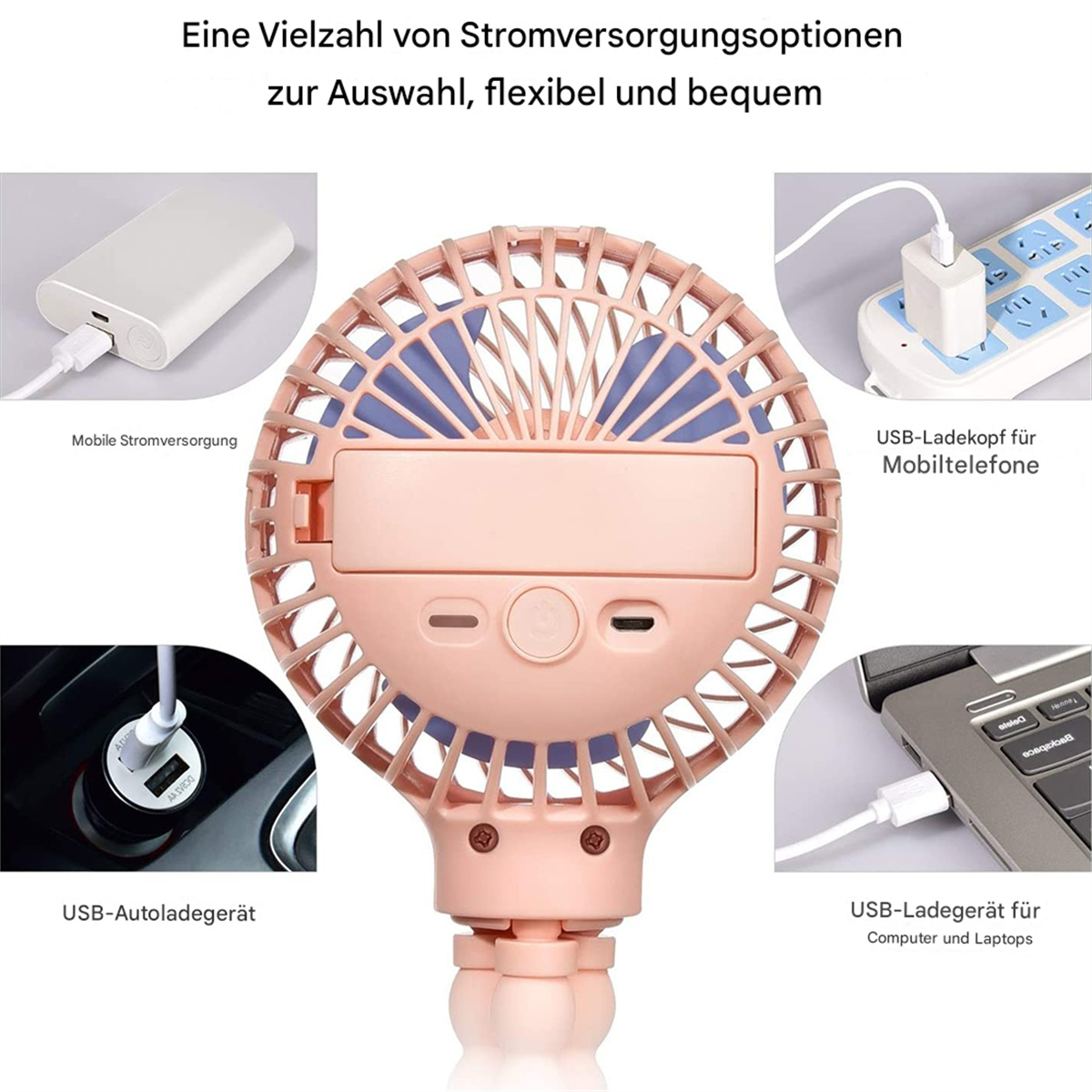 Ein Mini-Ventilator mit verschiedenen Stromversorgungsoptionen, angeschlossen an verschiedene Geräte, von oben gesehen.