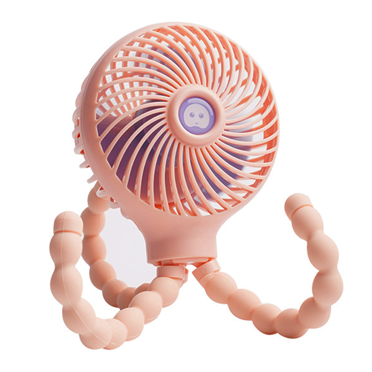 Ein rosa Mini-Ventilator mit flexiblen Beinen, aus der Nähe gezeigt.