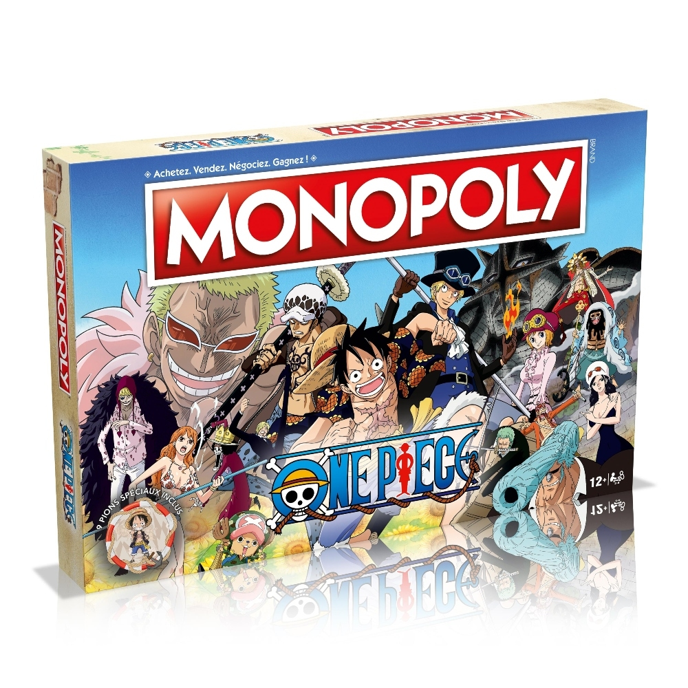 Una scatola del gioco Monopoly One Piece con personaggi, un logo Monopoly e il logo One Piece.