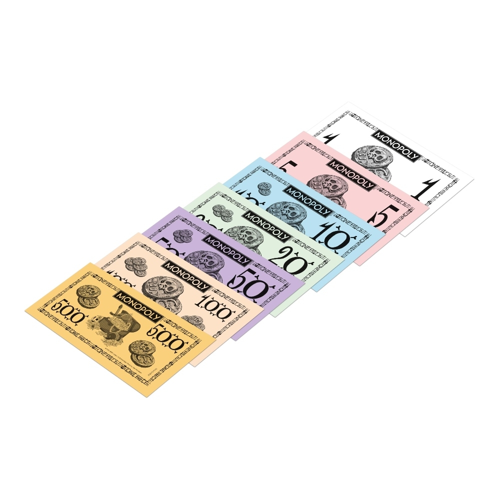Banconote Monopoly di varie denominazioni su sfondo bianco, da 1 a 500.