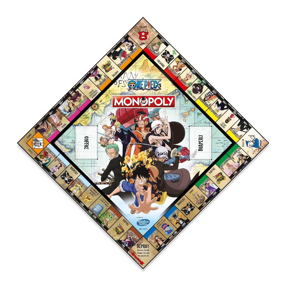 Tabellone di gioco Monopoly One Piece, con vari personaggi e caselle visibili.