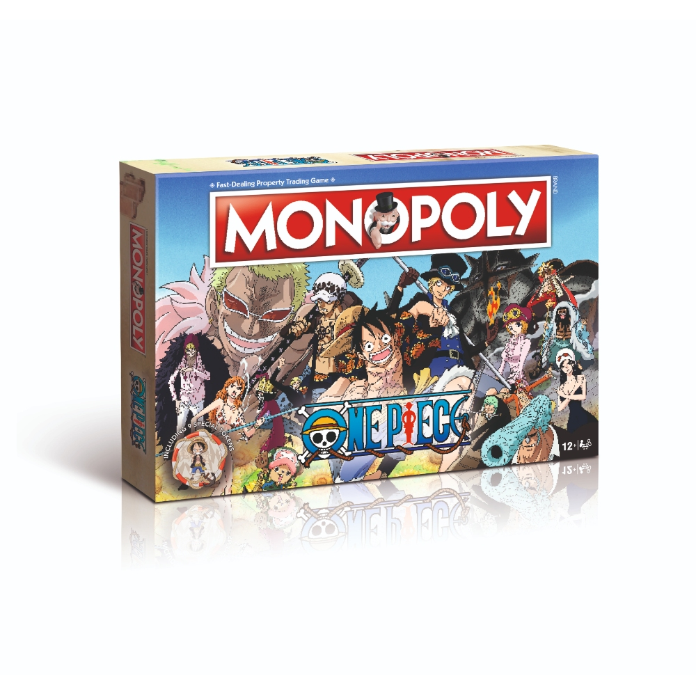 Una scatola del gioco Monopoly One Piece che mostra personaggi e il titolo del gioco, con un riflesso.
