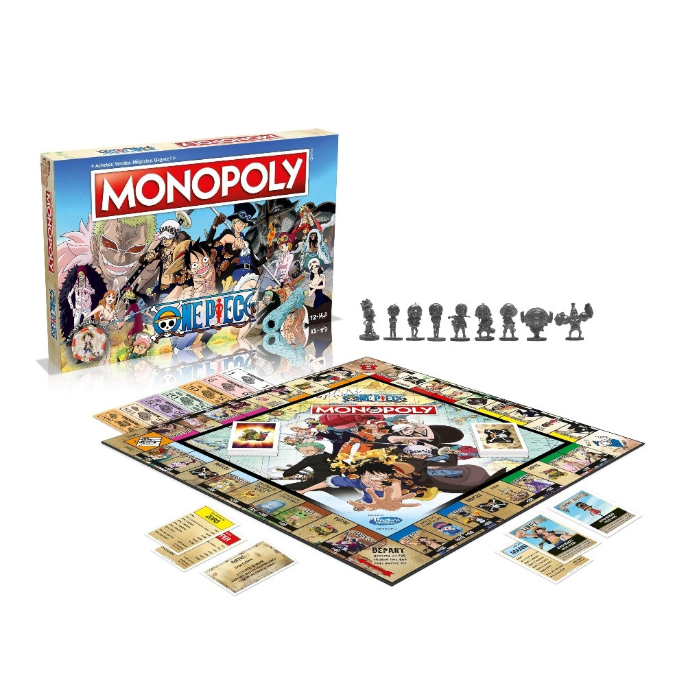 Set Monopoly One Piece con tabellone, pedine, carte e scatola con personaggi.