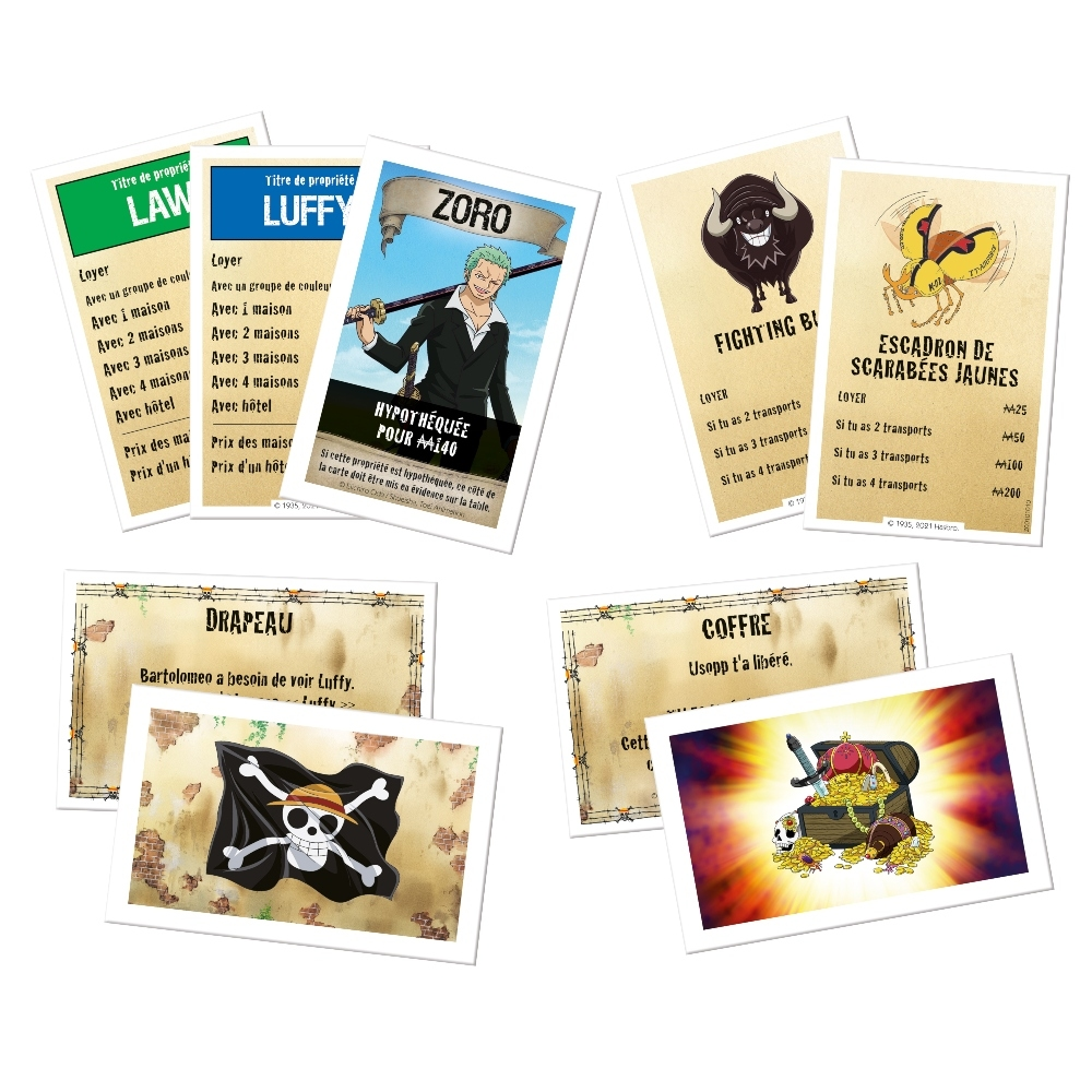 Primo piano delle carte Monopoly: Proprietà, personaggio e carte imprevisti con grafica del gioco.