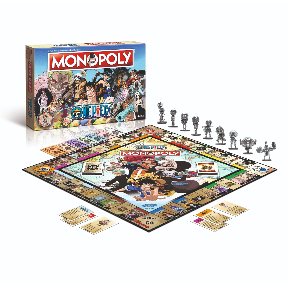 Gioco da tavolo Monopoly One Piece, pezzi e carte in mostra. La scatola è sullo sfondo.
