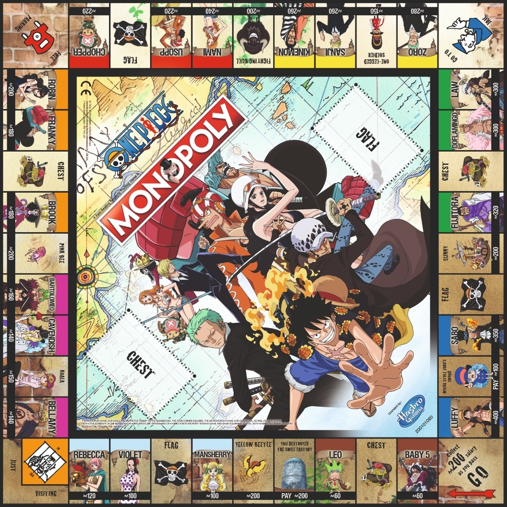 Un tabellone di gioco Monopoly con personaggi di One Piece, proprietà ed elementi di gioco.