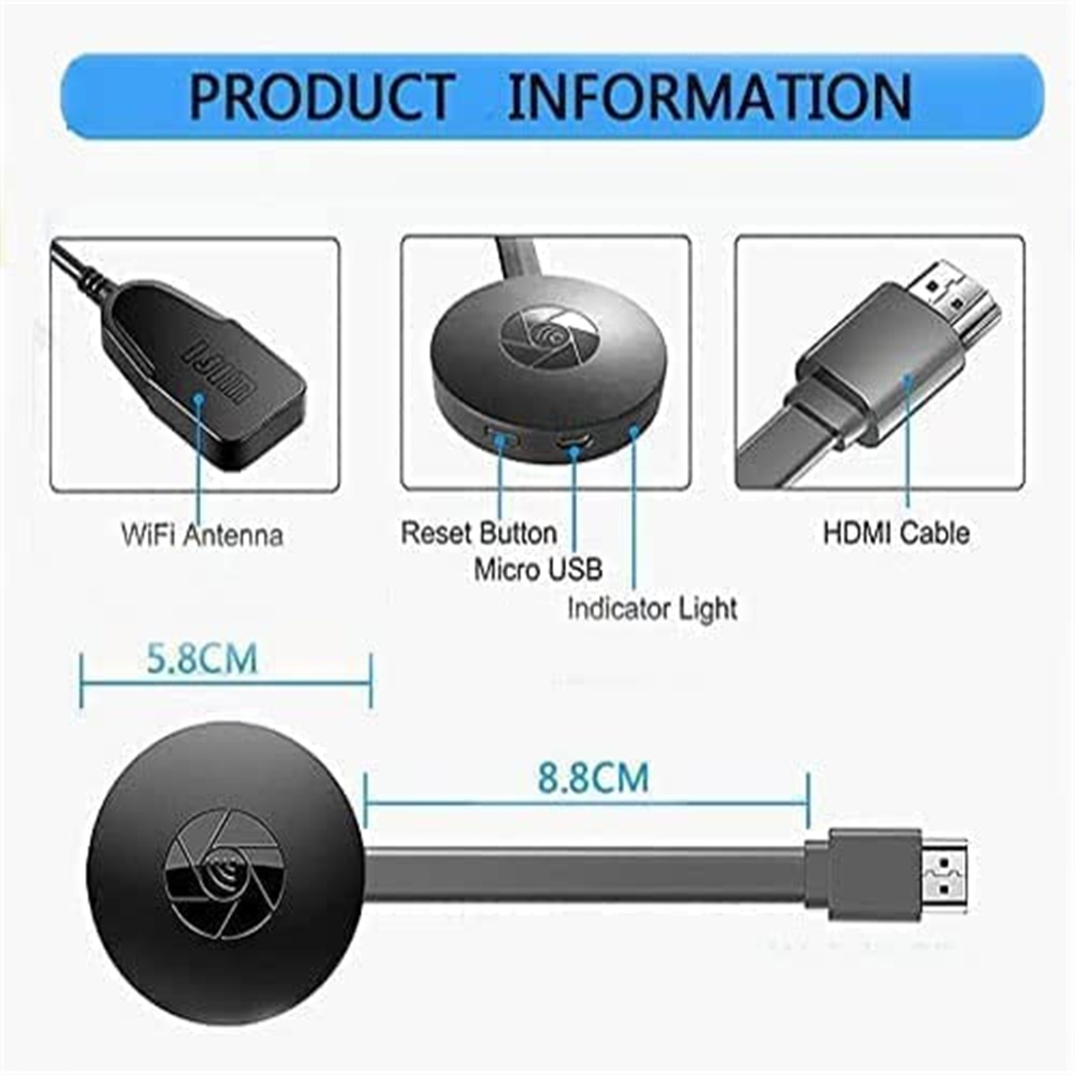 Ein schwarzes, kreisförmiges Gerät mit Kabel, beschriftet mit WiFi-Antenne, Reset-Taste und HDMI-Kabel.