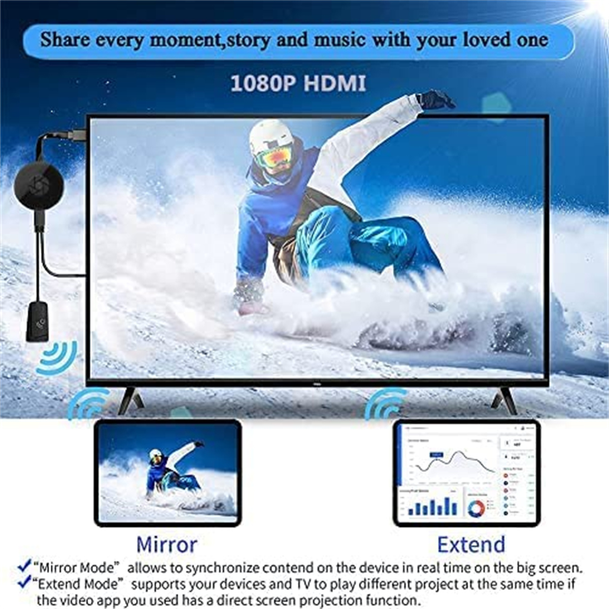Ein Fernsehbildschirm zeigt einen Skifahrer, ein Telefon hat ein Rennspiel. Ein schwarzes Casting-Gerät ist angeschlossen.