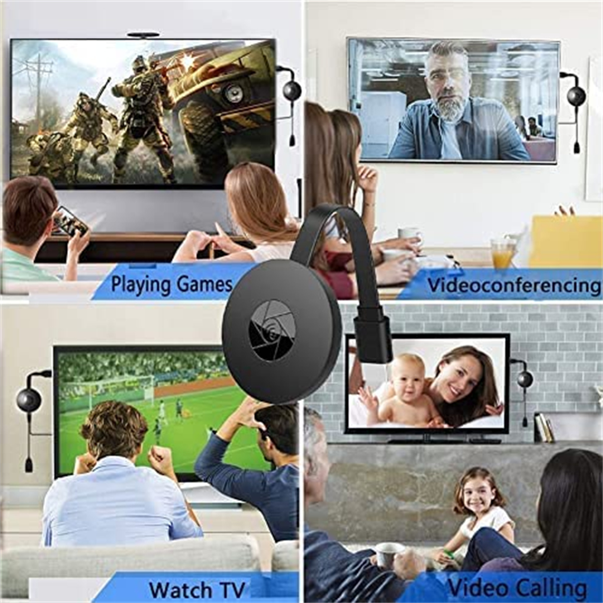 Ein schwarzes, kreisförmiges Gerät, das mit Fernsehern verbunden ist und Menschen beim Spielen, Videokonferenzen und Fernsehen zeigt.