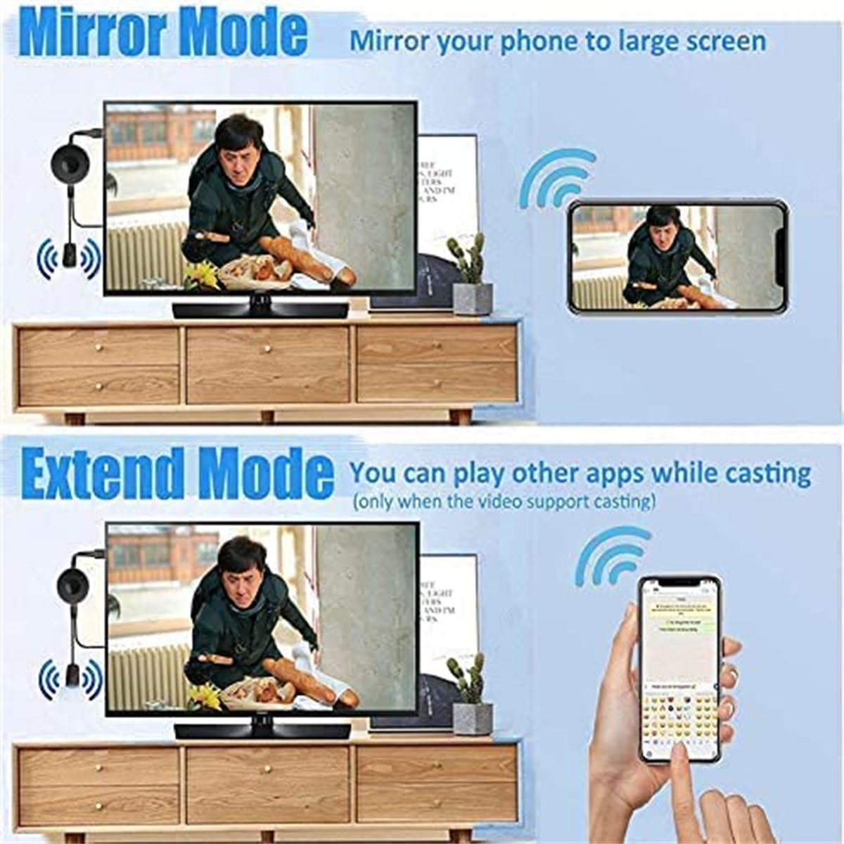 Diagramm mit Spiegelmodus und Erweiterungsmodus unter Verwendung eines schwarzen, kreisförmigen Geräts, das mit einem Fernseher und einem Telefon verbunden ist.