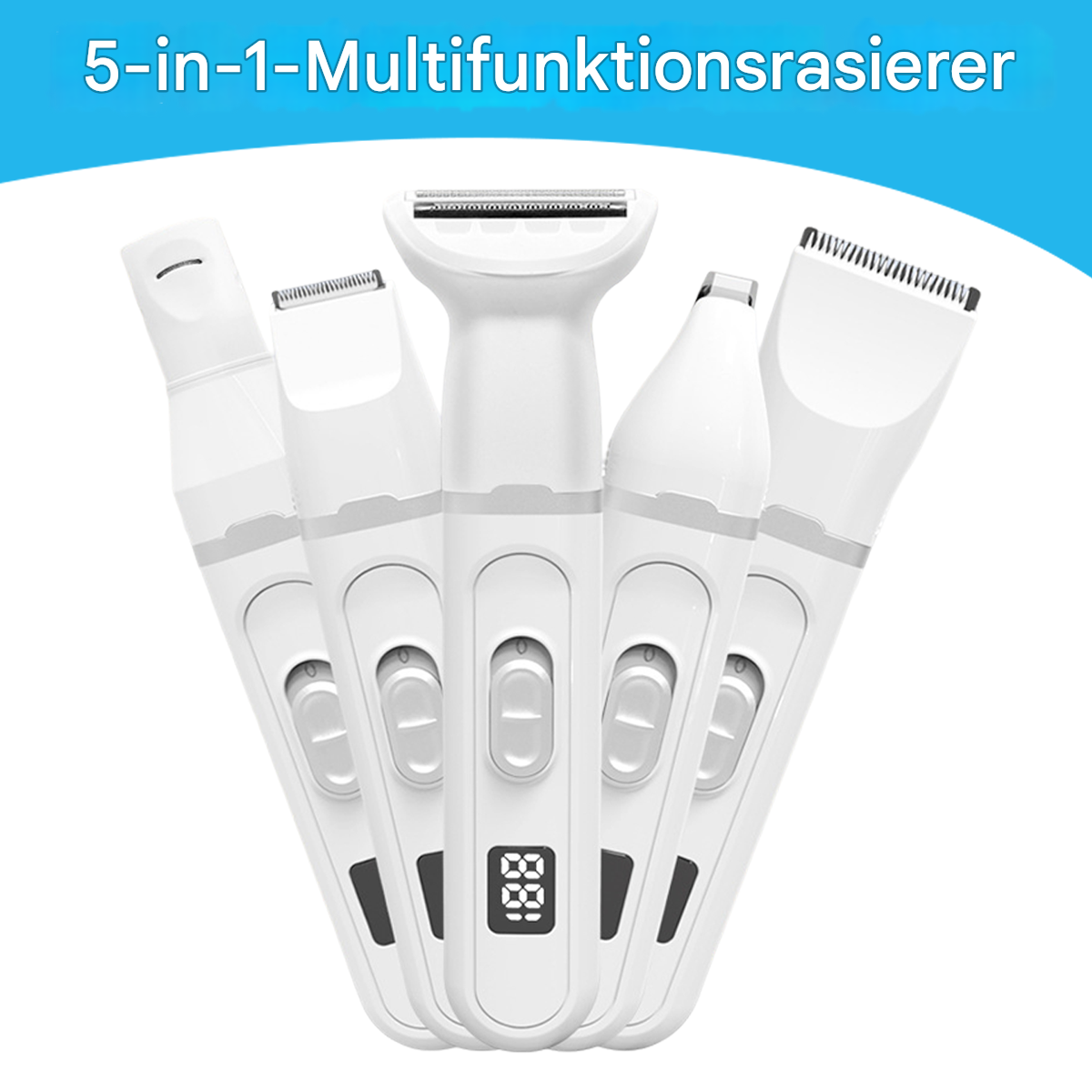 Fünf weiße Elektrorasierer mit verschiedenen Köpfen sind vor weißem Hintergrund angeordnet und werben für einen 5-in-1-Rasierer.