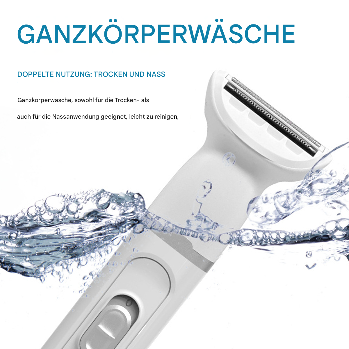 Nahaufnahme eines weißen Elektrorasierers, der mit Wassertropfen verwendet wird. Text auf Deutsch beschreibt das Produkt.
