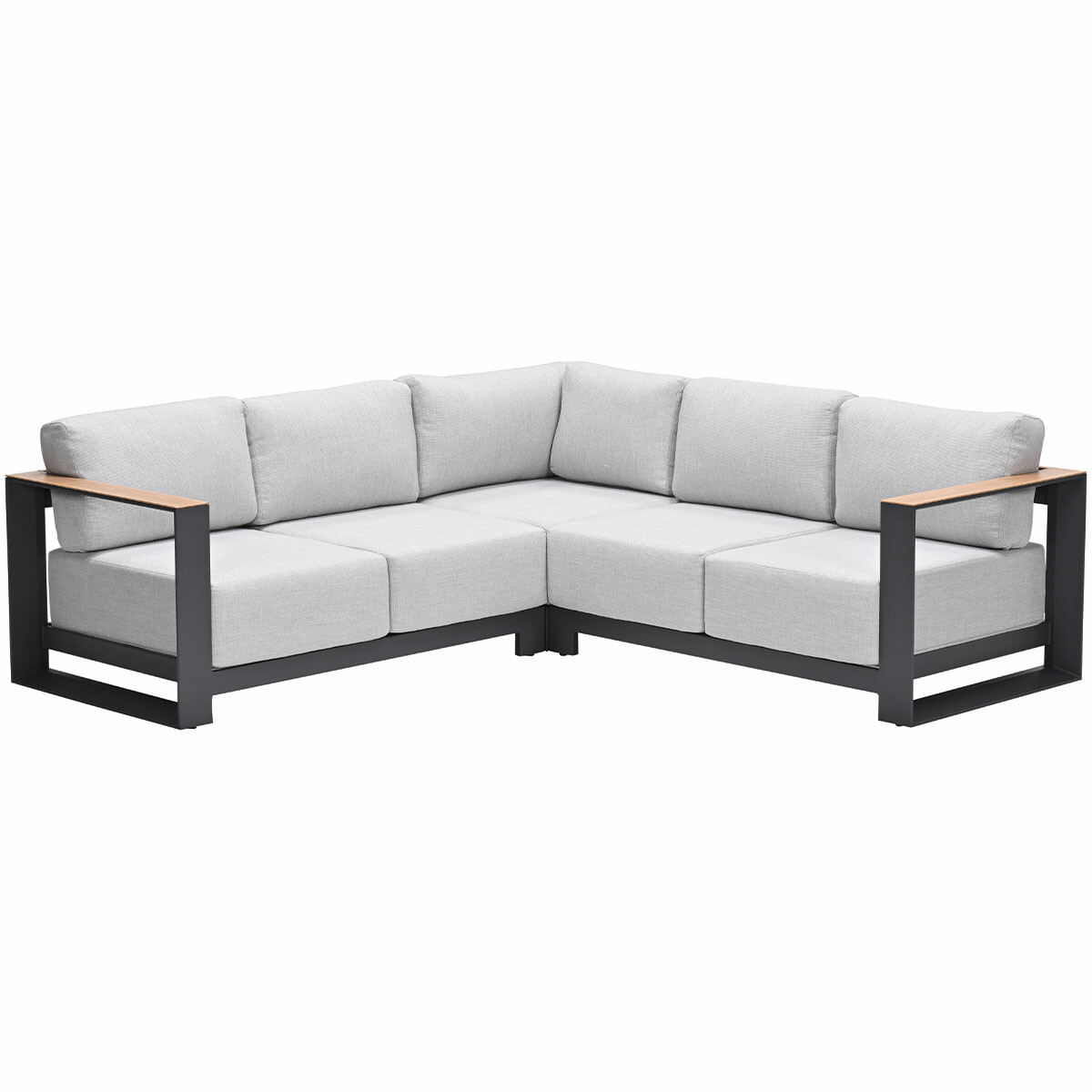 L-shaped gray outdoor sofa with wooden armrests on a white background.