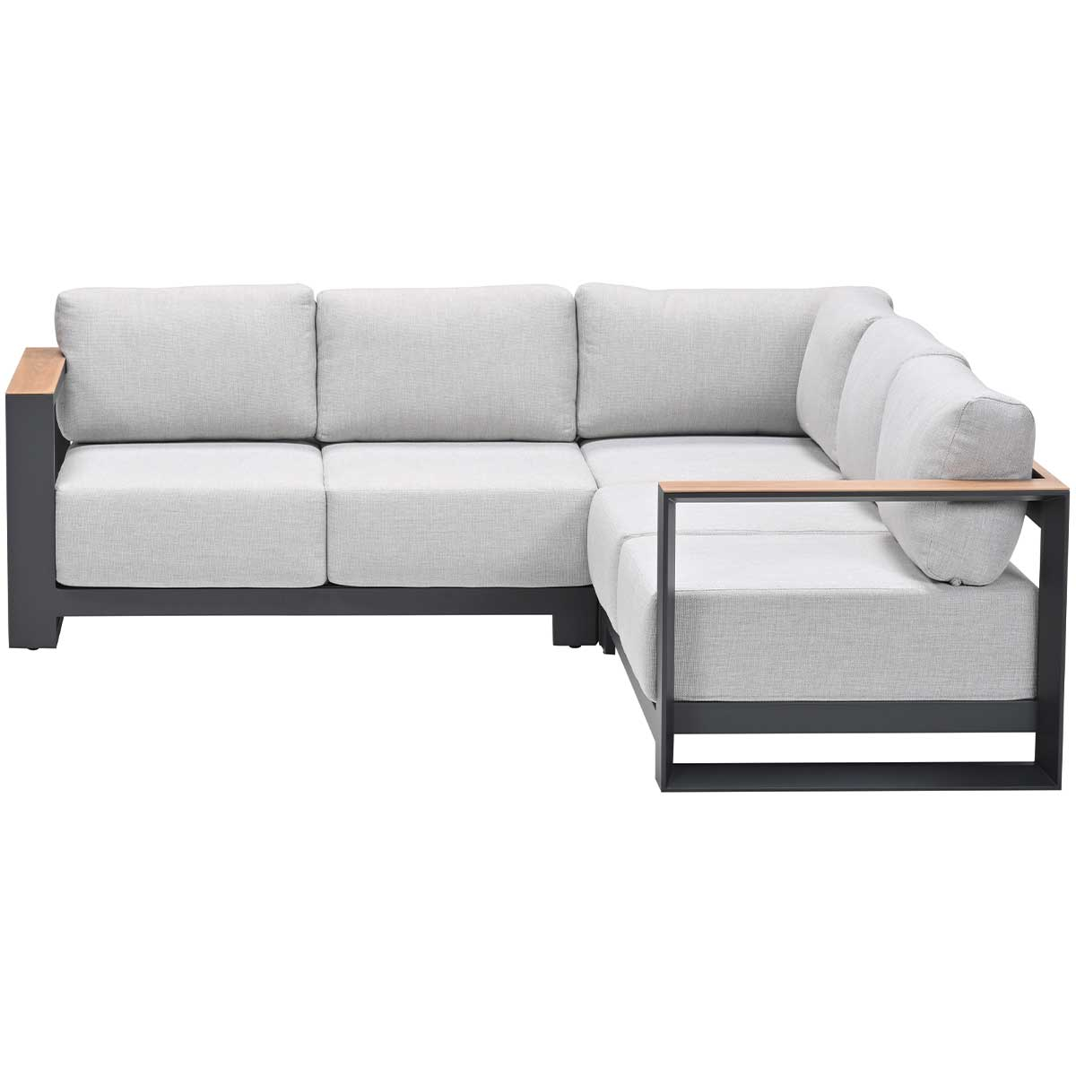 L-shaped gray outdoor sofa with wooden accents on a white background.