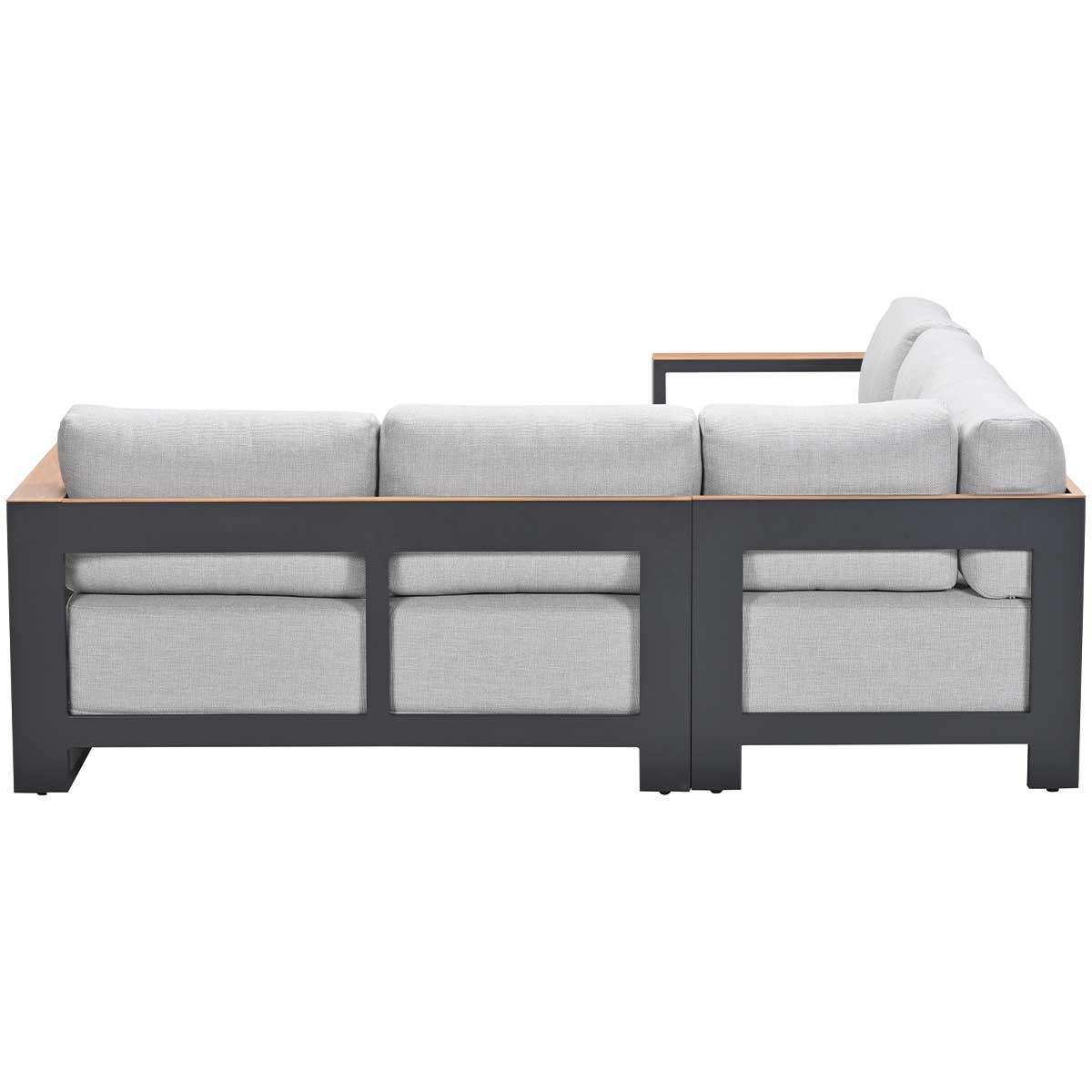 Side view of a gray L-shaped outdoor sofa with wooden armrest on white.