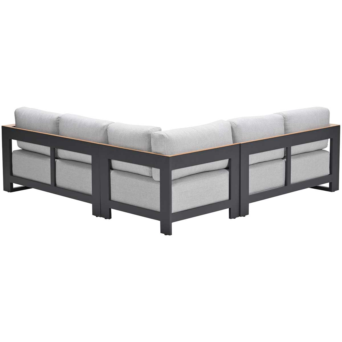 Back view of gray outdoor L-shaped sofa with wooden accents, white background.
