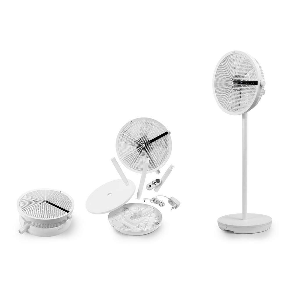 Białe elementy wentylatora: zmontowane, częściowo zmontowane i zdemontowane. Zawiera podstawę, głowicę wentylatora, nogi, pilota i zasilacz.