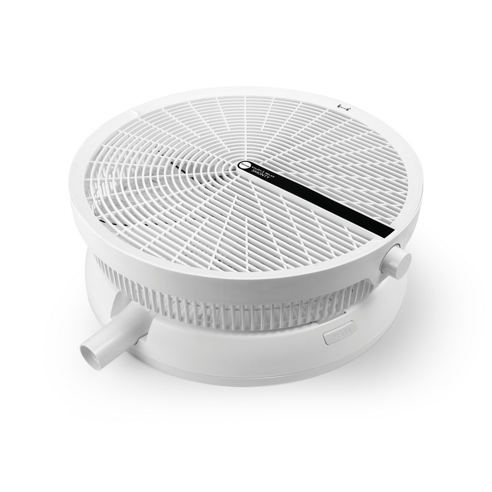 Biały, złożony wentylator. Ma okrągły kształt z czarnym paskiem i przycisk na boku.
