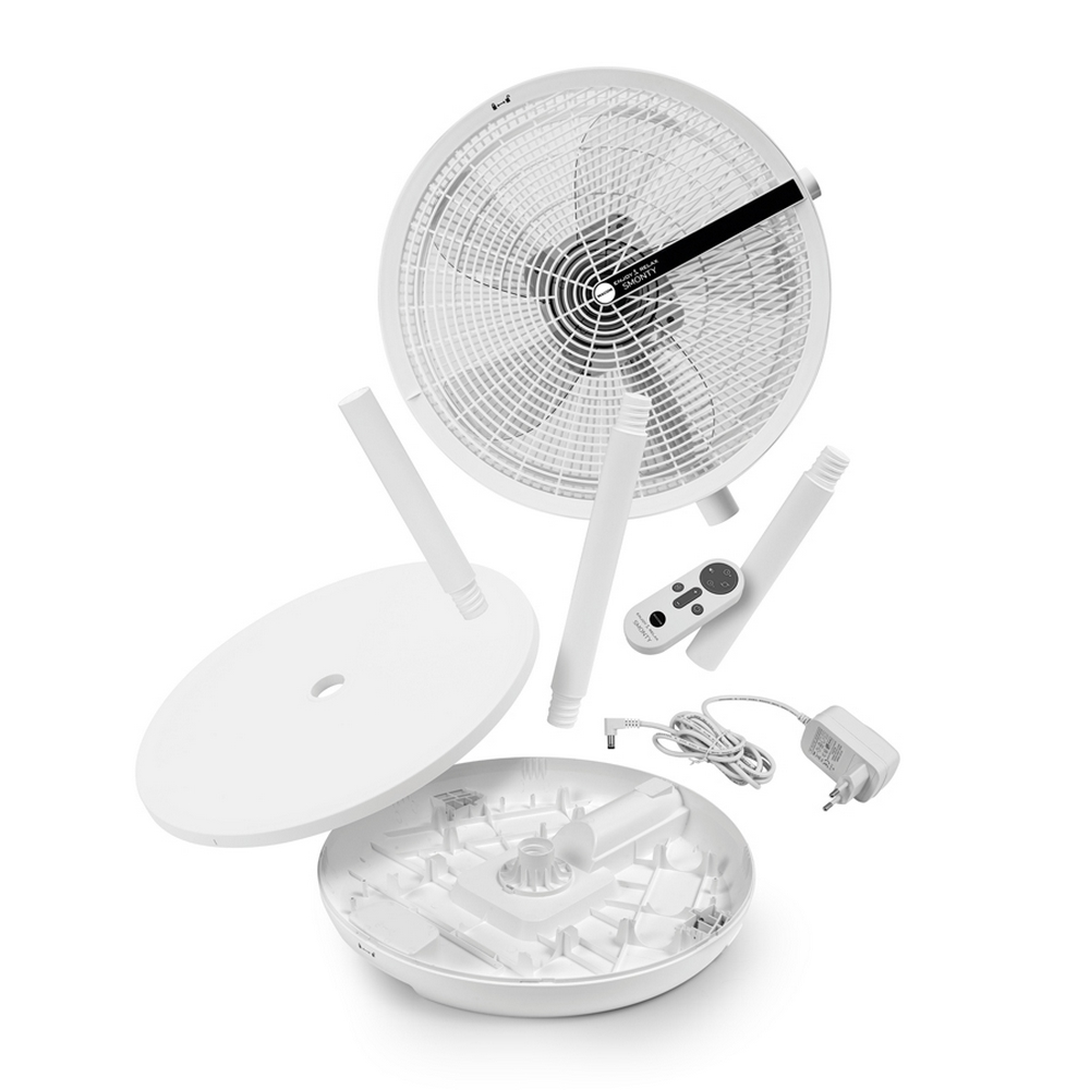 Widok rozłożony białego wentylatora. Części obejmują głowicę wentylatora, podstawę, nogi, pilota, przewód zasilający i zasilacz.