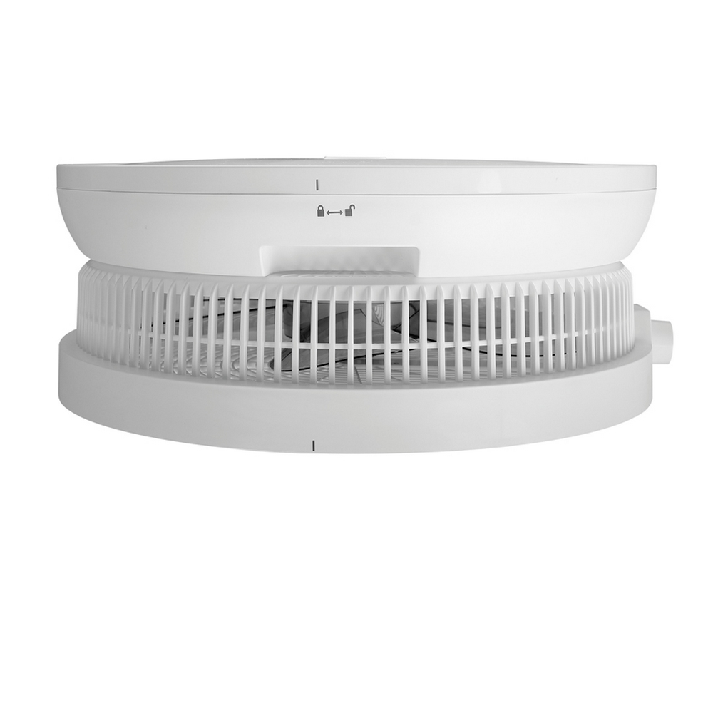 Widok z boku białego, złożonego wentylatora. Pokazuje górę i bok z symbolem blokady/odblokowania.