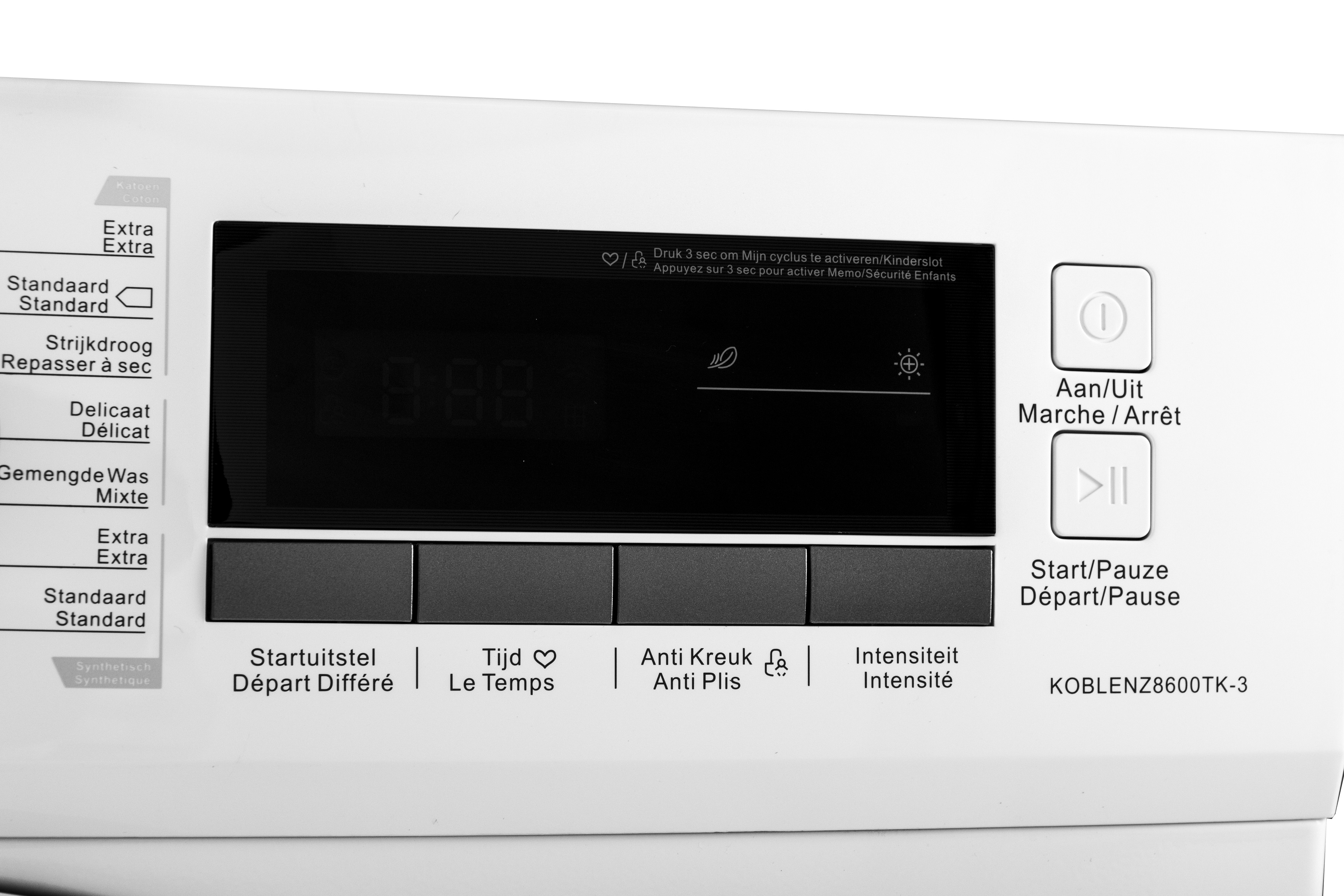 A white Frizec tumble dryer control panel with a digital display and buttons.