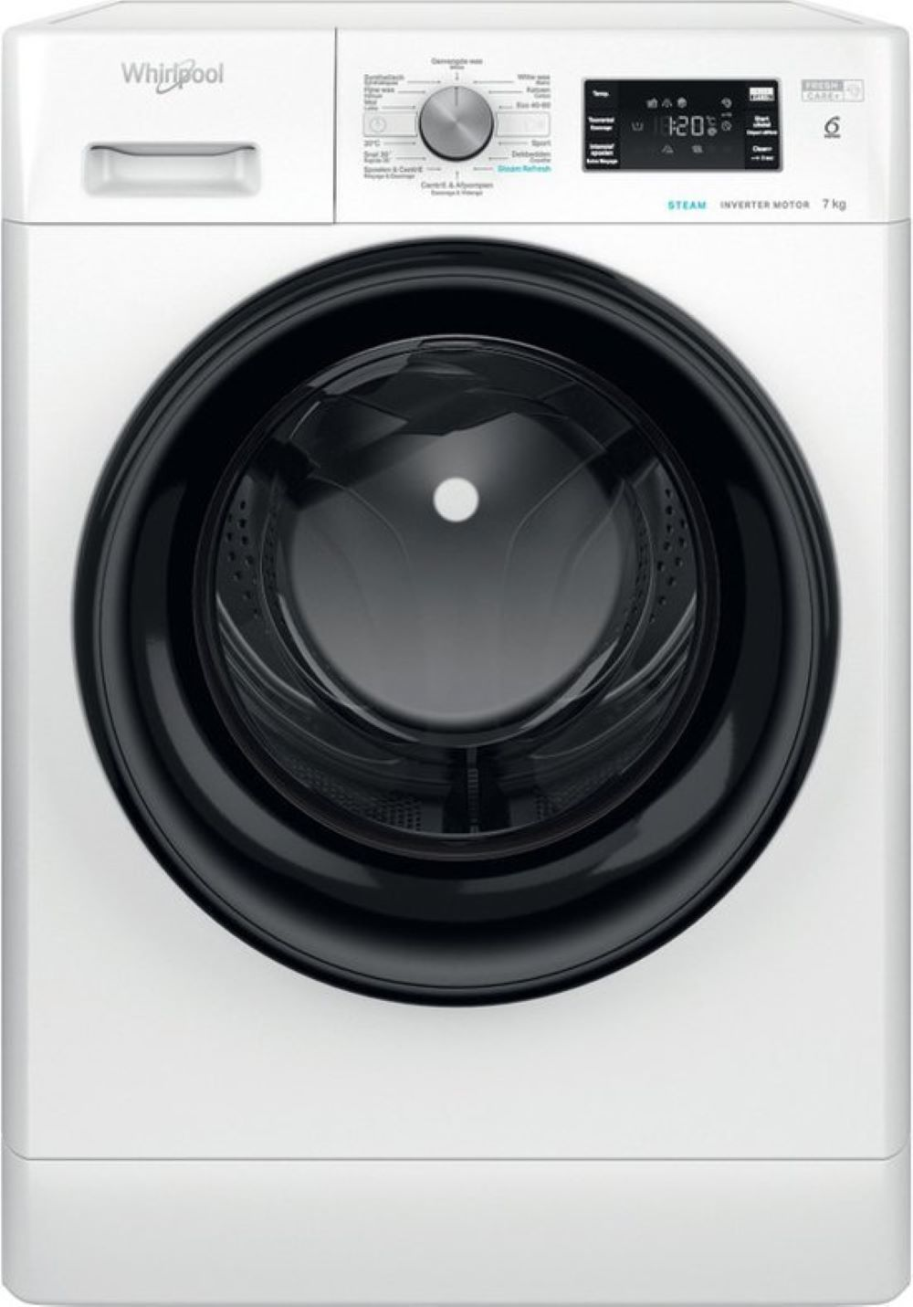 Witte Whirlpool wasmachine, vooraanzicht. Zwarte deur en display, met bedieningspaneel.